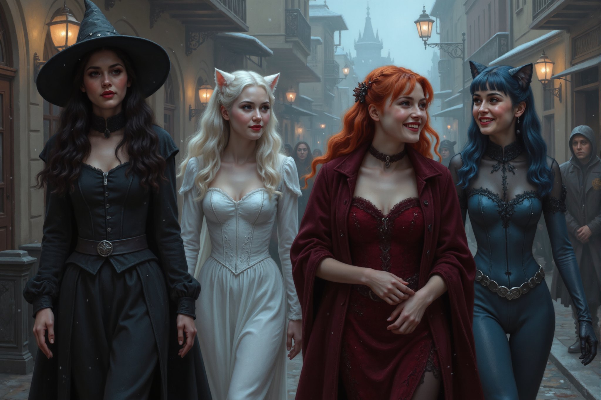 action shot, a beautiful young female witch with long curly black hair, pointy witch cap, winter witch outfit, beautiful young ghostly woman with white hair, the whitest pale skin, winter white dress, beautiful female vampire with vivid big long red hair, big red lips wearing a winter red victorian inspired velvet corsett dress, and beautiful cat woman, with cat ears and short blunt cut blue hair with bangs wearing a winter skin tight dark blue leather bodysuit they are walking down a cobblestone street smiling and laughing with snow in a medieval beautiful magical town, snow flakes falling,  perfect anatomy, perfect hands, perfect faces.