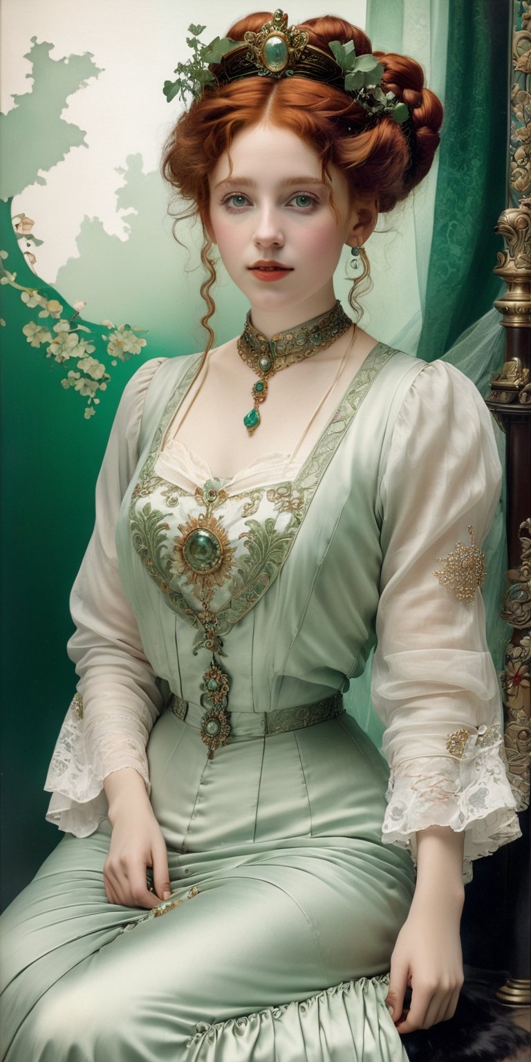 (8k 16k, RAW photo, best quality, master:1.2), (realistic, photo-realistic:1.37), ultra detailed, 1girl,solo, rich red hair, hair buns, hair braids, intricate crown on head, big green eyes, realistic, gibson girl, looking at viewer, happy, smile, masterpiece, realistic photography, by Alphonse Mucha, by Wlop, ), (Exaggerated Perspectives), f/ 2.8, (Surrealist Style), Visionary Art, (Trending on artstation) intricate outfit, intricate jewelry, necklace, large earrings, victorian boots