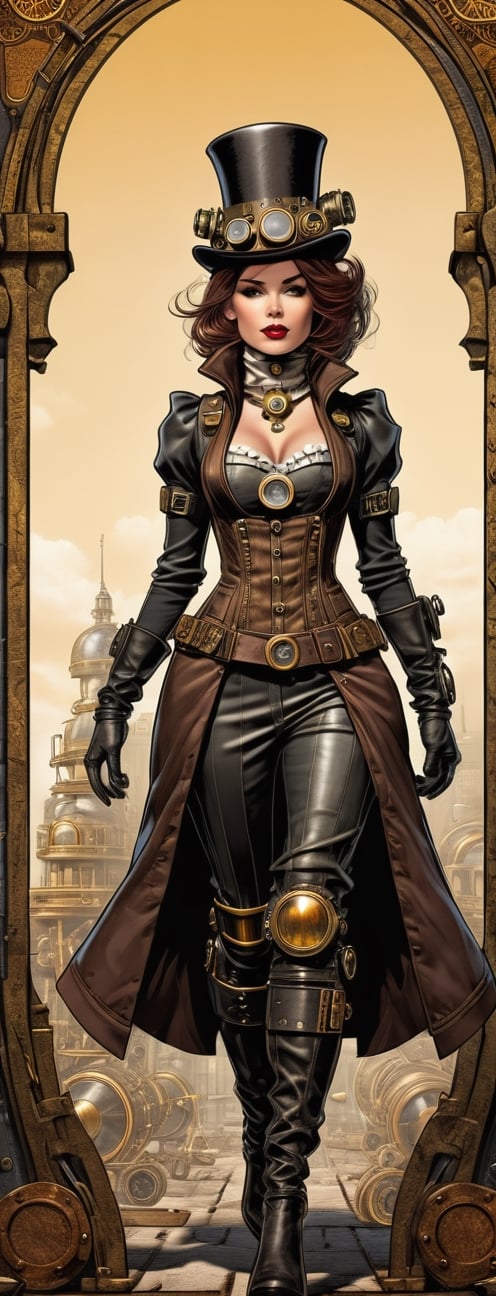 masterpiece, ultra k resolution, female baroness comics wears steampunk, steampunk style, concept, full body, detailed steampunk background