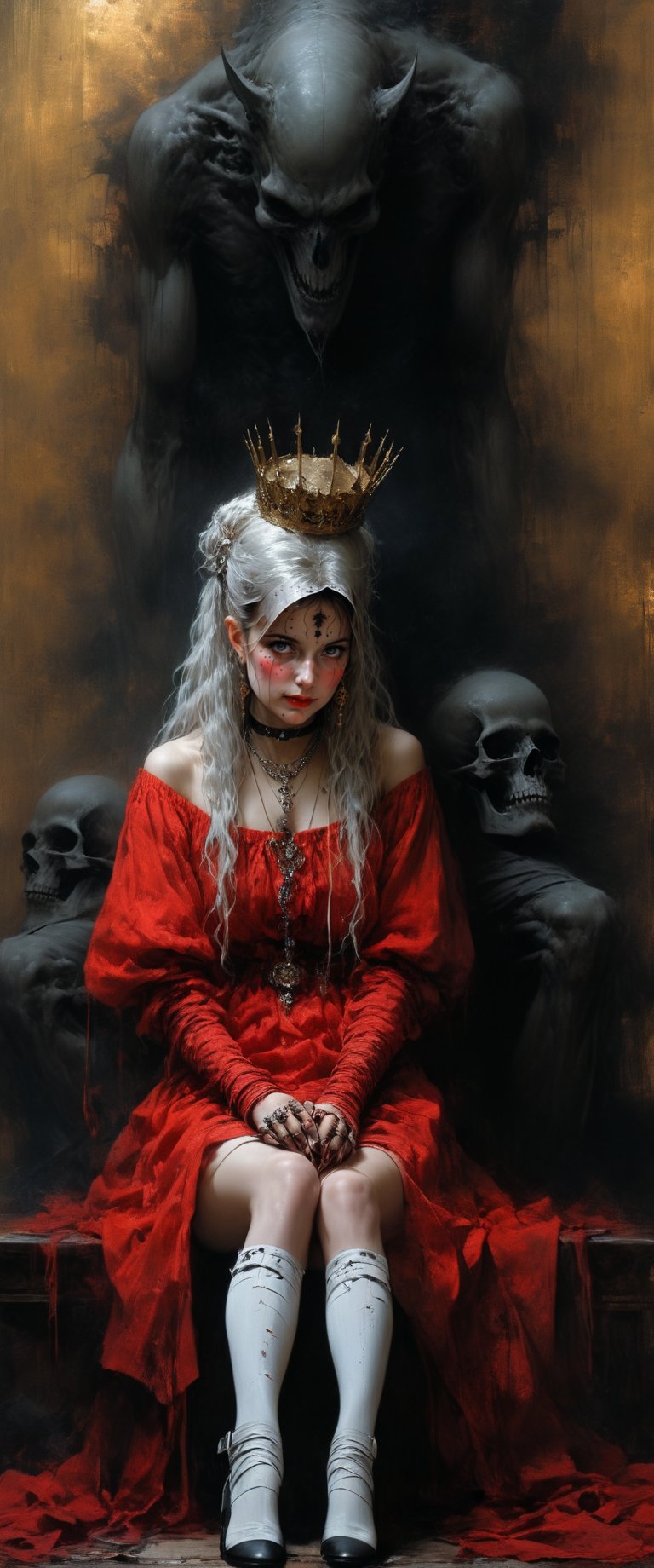  (((by John Collier, John William Waterhouse, pinup style, silver, gold), perfect anatomy, , , 1girl, solo, long hair, looking at viewer, blue eyes, thighhighs, gloves, dress, jewelry, sitting, white hair, earrings, choker, black thighhighs, necklace, collar, coat, red dress, crossed legs, crown, spikes, red lips, red coat, throne), sitting on desk), dark and moody style, perfect face, outstretched perfect hands. masterpiece, professional, award-winning, intricate details, ultra high detailed, 64k, dramatic light, volumetric light, dynamic lighting, Epic, splash art .. ), by james jean $, roby dwi antono $, ross tran $. francis bacon $, michal mraz $, adrian ghenie $, petra cortright $, gerhard richter $, takato yamamoto $, ashley wood, tense atmospheric, , , , sooyaaa,IMGFIX,Comic Book-Style,Movie Aesthetic,action shot,photo r3al ,bad quality image,oil painting, cinematic moviemaker style,Japan Vibes,H effect,koh_yunjung ,koh_yunjung,kwon-nara,sooyaaa,colorful,bones,skulls,the reaper,,armor,han-hyoju-xl
,DonMn1ghtm4reXL, ct-fujiii,ct-jeniiii, ct-goeuun,mad-cyberspace,FuturEvoLab-mecha,cinematic_grain_of_film,a frame of an animated film of,score_9,3D,style akirafilm,Wellington22A,Mina Tepes,lucia:_plume_(sinful_oath )_(punishing:_g,VAMPL, FANG-L ,kizuki_rei, ct-eujiiin,Jujutsu Kaisen Season 2 Anime Style,ChaHaeInSL,Mavelle,Uguisu Anko,Zenko,ct-virtual,satanas, the devil, azrael, 