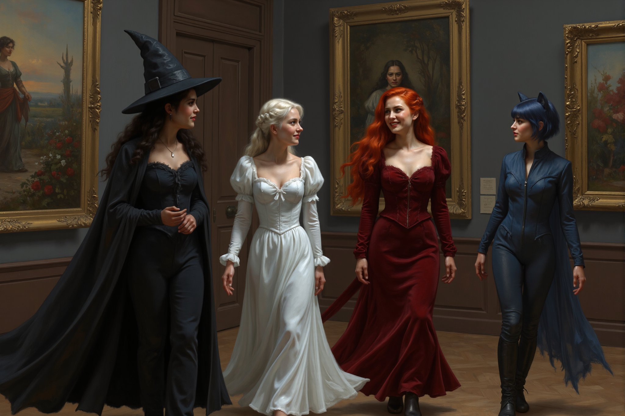 a beautiful young female witch with long curly black hair, pointy witch cap, witch outfit, beautiful young ghostly woman with white hair, the whitest pale skin, white dress, beautiful female vampire with vivid big long red hair, big red lips wearing a red victorian inspired velvet corsett dress, and beautiful cat woman, with cat ears and short blunt cut blue hair with bangs wearing a skin tight dark blue leather body suit are walking in an art gallery talking about the oil paintings in elaborate wood frames, they are laughing and talking with each other. perfect anatomy, perfect hands, perfect faces.