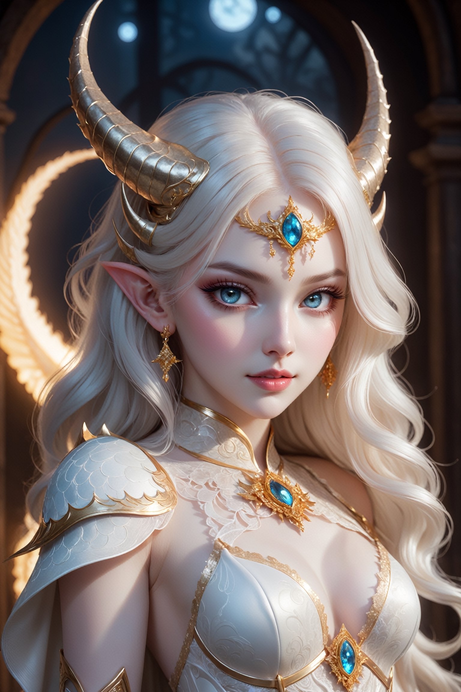 (full body),(long intricate horns:1.2), sensual albino demon girl with enchantingly beautiful, alabaster skin, thinking, thoughtful, A benevolent smile, girl has beautiful deep eyes, soft expression, Depth and Dimension in the Pupils, Her porcelain-like white skin reflects an almost celestial glow, highlighting her ethereal nature, Every detail of her divine lace costume is meticulously crafted, adorned with jewels that sparkle with a divine radiance, demon girl standing next to her fierce albino pet dragon, full body