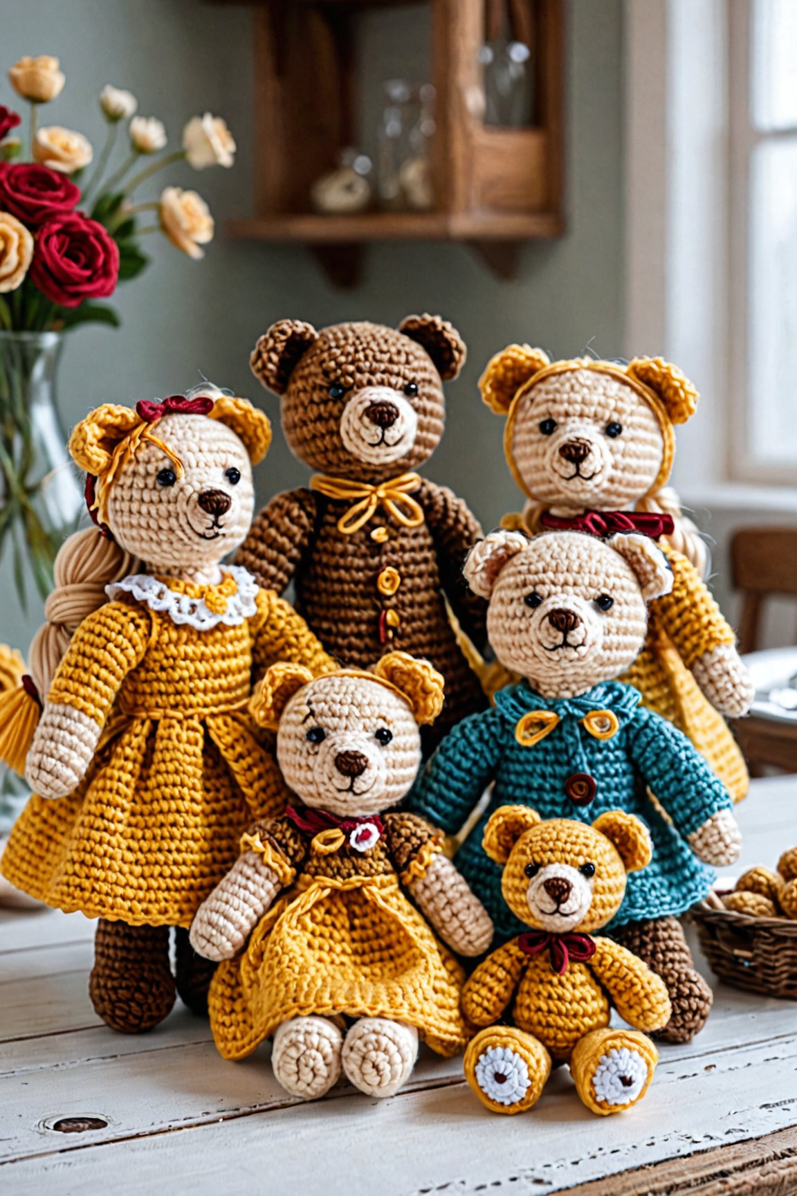 crocheted goldilocks, with three bears. in a cottage at the dinner table, detailed textures, ultra sharp, crocheted