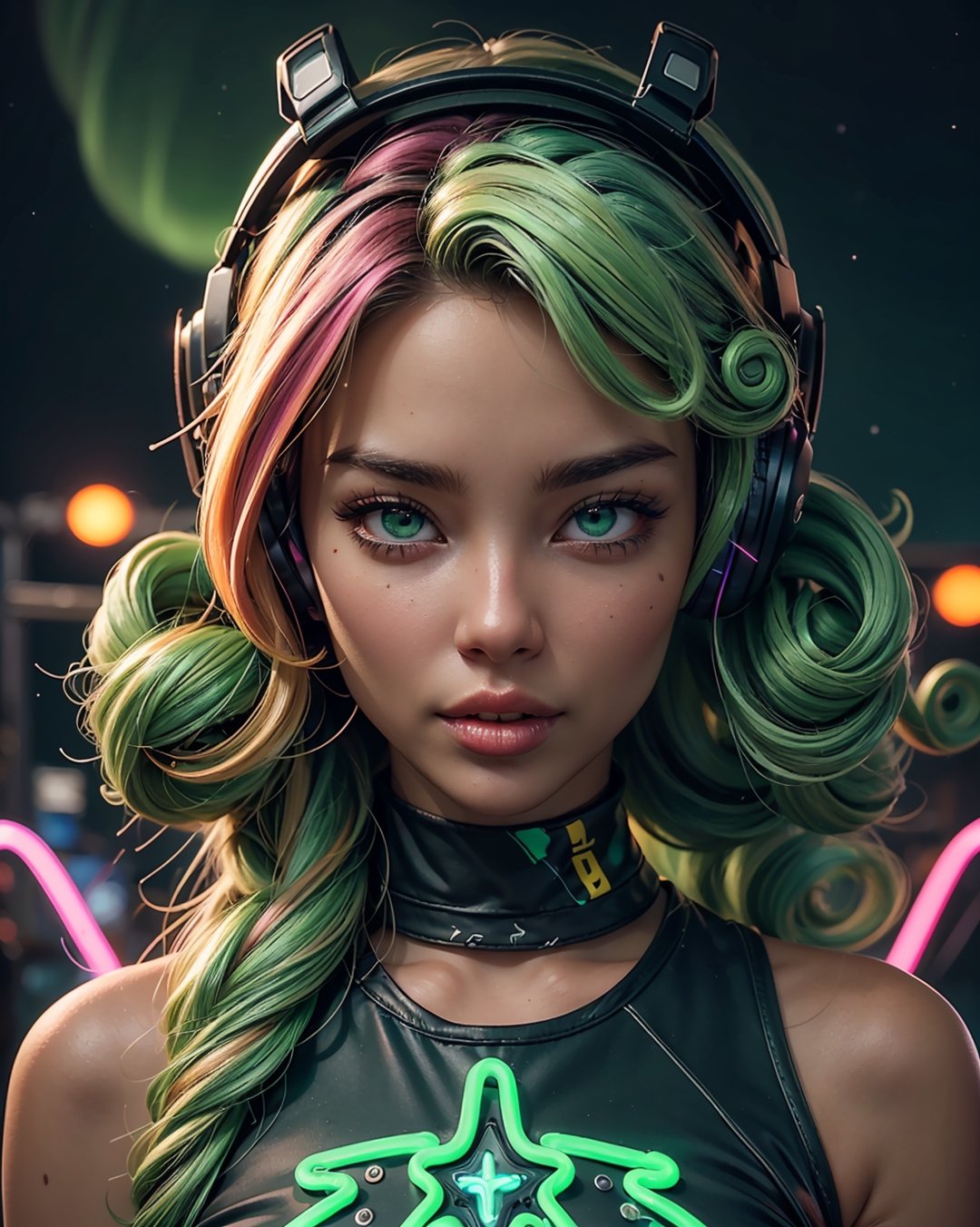 symmetrical face, perfect green eyes, smoke, sparks, (female hair made of fine multicolored neon, green curls:1.5), (long thin hair made of multicolored neon strands, wearing headphones, serene expression, enjoying music, realism, (in a colorful candy world:1.2), ultra high resolution, 8k, HDr, art, high detail, , art, detailed background full moon, stars, nebula, northern lights