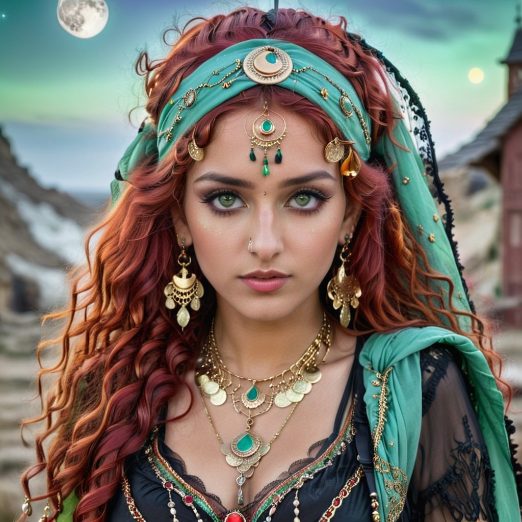 beautiful, intelligent, stunning Gypsy woman, 20 years old, long vivid bright curly red hair, expressive light ice green detailed eyes, bind on the forehead, red, black and gold colored elaborate gypsy clothes embellished with moon, astrological and stars charms. headscarf with coins, elaborate gypsy long earrings, necklaces, etc. gothic make-up.