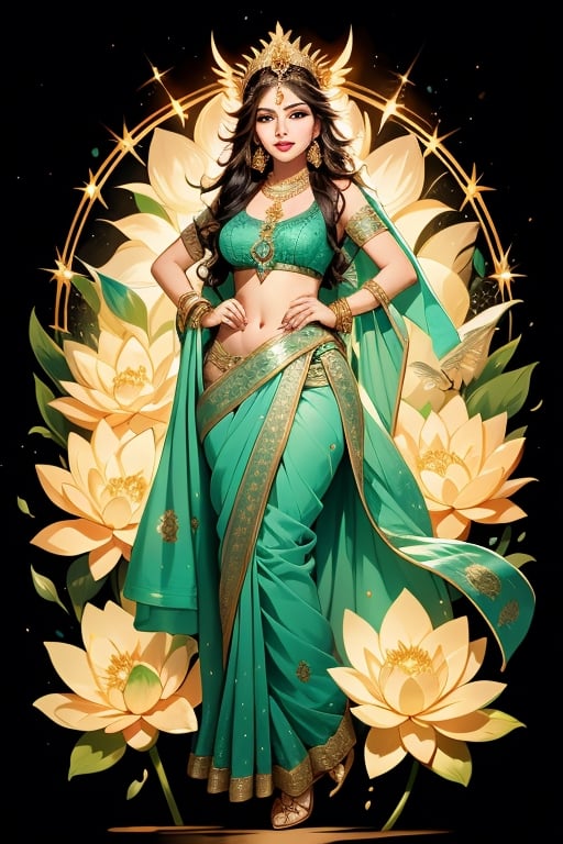 full body shot, Lakshmi is a Hindu goddess of prosperity and wealth, elaborate and intricate indian female costume in colors of red and gold, she is wearing elaborate gold necklaces earrings rings on her fingers and bangles on her arms, gold nose ring, serene beautiful face, Lakshmi is surrounded by lotus flowers, she is glowing, illuminated, a holy goddess, with an elaborate gold crown, detailed background of the heavens, clouds stars, ,Detailedface,1girl,Masterpiece,Saree, full body,realhands,Indian,1 girl