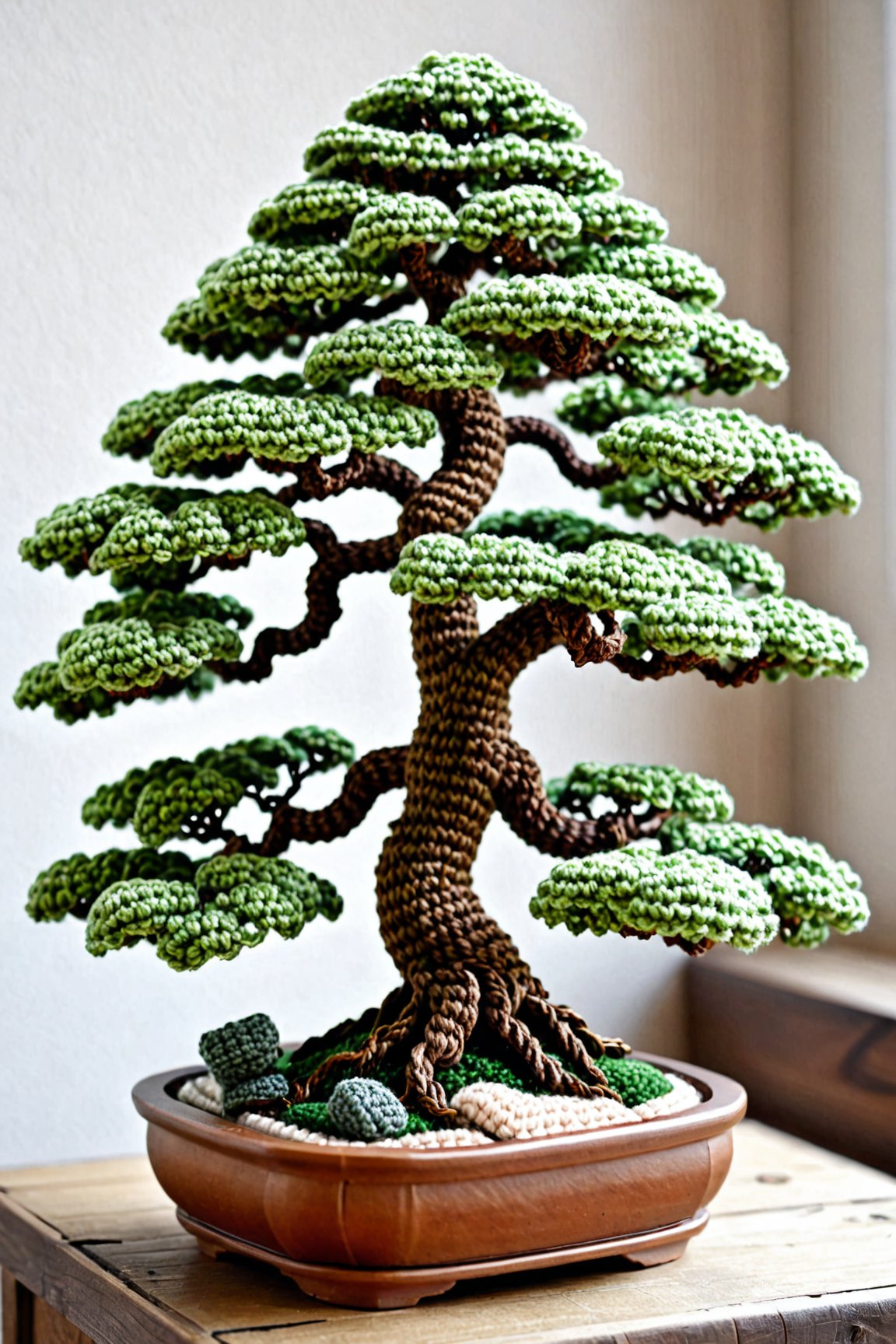 a cute bonsai tree, detailed textures, ultra sharp, crocheted
