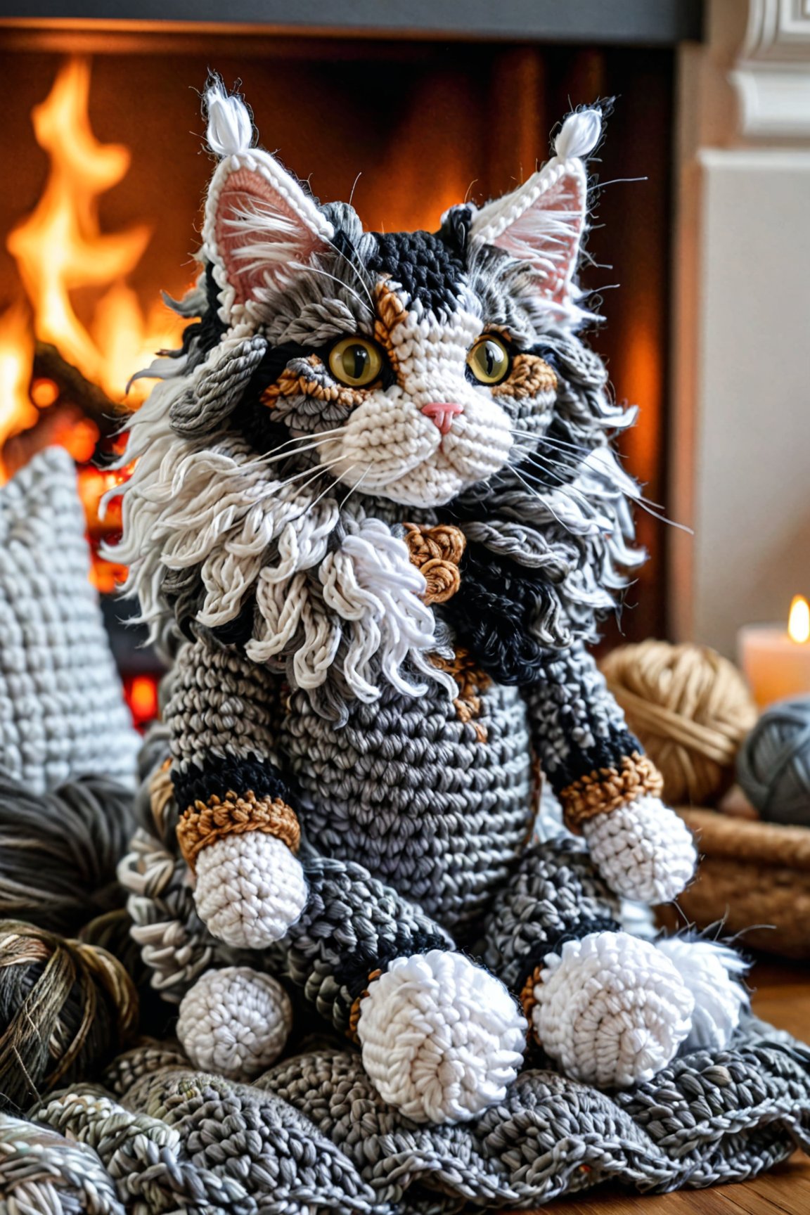 crocheted maine coon toy cat in colors of grey, white, black sitting in front of a fireplace on a puffy pillow. detailed textures, ultra sharp, crocheted
