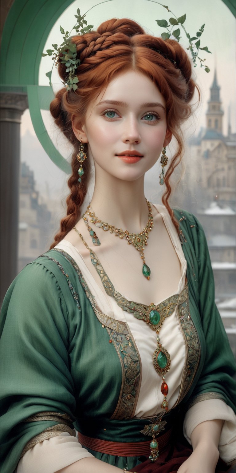 (8k 16k, RAW photo, best quality, master:1.2), (realistic, photo-realistic:1.37), ultra detailed, 1 nordic girl, solo, gorgeous and beautiful girl, red intricate braided hair, hair buns, light green eyes, realistic, looking at viewer, happy, smile, masterpiece, realistic photography, by Alphonse Mucha, by Wlop, ), (Exaggerated Perspectives), f/ 2.8, (Surrealist Style), Visionary Art, (Trending on artstation) intricate nordic outfit, intricate jewelry, necklace, large earrings, looking at viewer, happy, smile, masterpiece, realistic photography, by Alphonse Mucha, by Wlop, ), (Exaggerated Perspectives), f/ 2.8, (Surrealist Style), Visionary Art, (Trending on artstation) intricate outfit, intricate jewelry, necklace, large dangle earrings, 