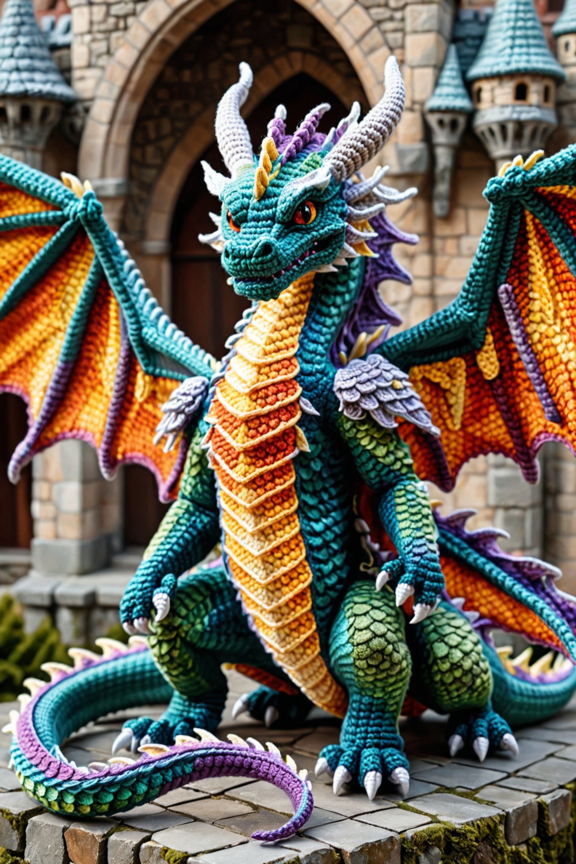 a beautiful dragon, iridescent colorful scales, large dragon wings, sitting in front of a model castle detailed textures, ultra sharp, crocheted