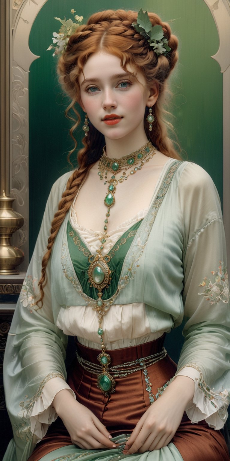 (8k 16k, RAW photo, best quality, master:1.2), (realistic, photo-realistic:1.37), ultra detailed, 1 irish girl, solo, gorgeous and beautiful girl, light red intricate braided hair with blond highlights, hair buns, light green eyes, realistic, looking at viewer, happy, smile, masterpiece, realistic photography, by Alphonse Mucha, by Wlop, ), (Exaggerated Perspectives), f/ 2.8, (Surrealist Style), Visionary Art, (Trending on artstation) intricate victorian outfit, intricate jewelry, necklace, large earrings, looking at viewer, happy, smile, masterpiece, realistic photography, by Alphonse Mucha, by Wlop, ), (Exaggerated Perspectives), f/ 2.8, (Surrealist Style), Visionary Art, (Trending on artstation) intricate outfit, intricate jewelry, necklace, large dangle earrings, 