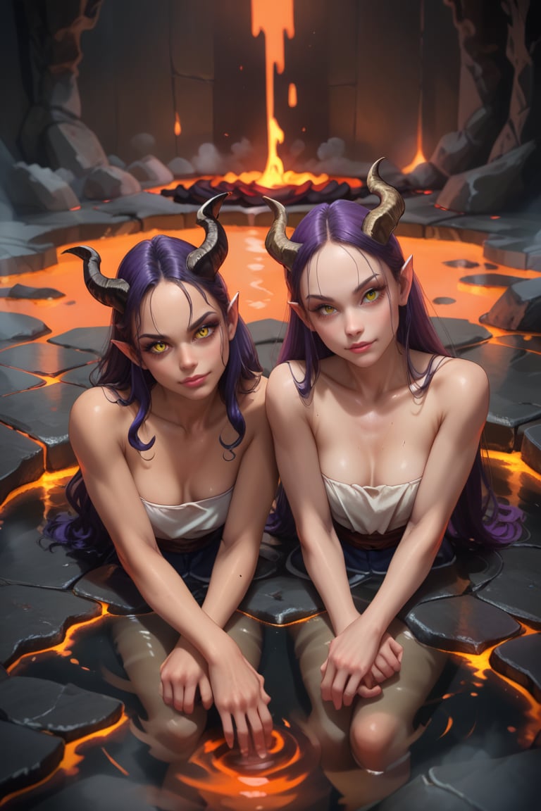 score_9, score_8_up, score_7_up, two demon girls, looking at viewer, light skin, dark background, (submerged in boiling lava), floor, curly long dark purple hair, yellow eyes, through floor, (glowing eyes:0.4), fog, steam rising, ((hand on floor, hot boiling lava, head tilt)), leaning, skinny, (glaring:0.5), naughty faces, mischevious wicked smiles, horns,  jewelry, chromatic aberration, their hell cat sits nearby