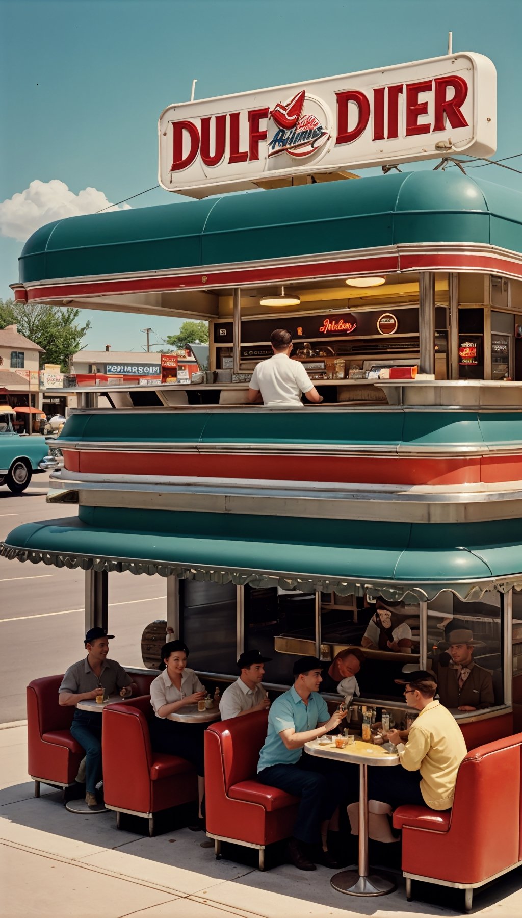 1950's era diner at a classic 1950's busy american diner, background of diner with customers eating at the booths and food on the tables, old jukebox, vintage posters on the walls, bright sunny day, sun shining through the windows,realistic