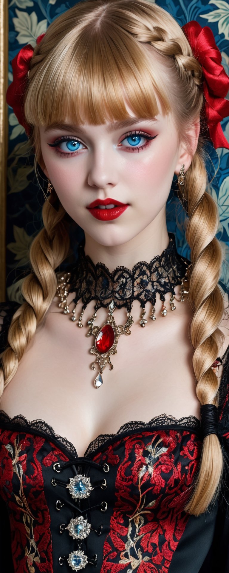 (best quality, masterpiece, ultra detailed, 8K, RAW photo), absurdres, a beautiful 17 year old vampire girl with vivid blond shiny braided hair with blunt bangs, devil horns on head, ornate silk embrodiered with intricate patterns, big ice blue hyper realistic eyes, gothic eye make up, parted greasy full red lips, mischevious smile,intricate jewelry,necklace,earrings, tall lace boots, intricate william morris wallpaper background,  background,vibrant color, 