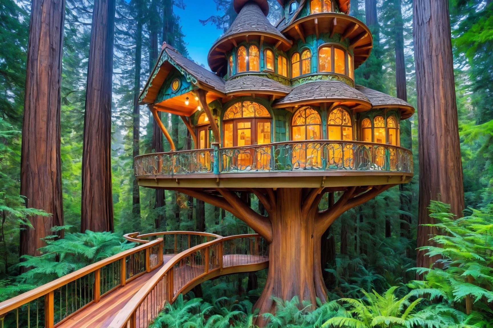 long shot ((masterpiece)), (((best quality))), ((ultra-detailed)), beautiful elaborate realistic intricate detailed whimsical treehouse deep in a lush green redwood forest,  the tree house is spacious, 3 stories high. glass windows, gorgeous art nouveau style architecture, there is a spiral staircase up to the 2nd and 3rd floors, there is a large wooden deck around the perimeter of the treehouse, shafts of light shine through the canopy, beautiful blue sky,,aw0k euphoric style,aw0k euphoricred style, long shot from above looking down
