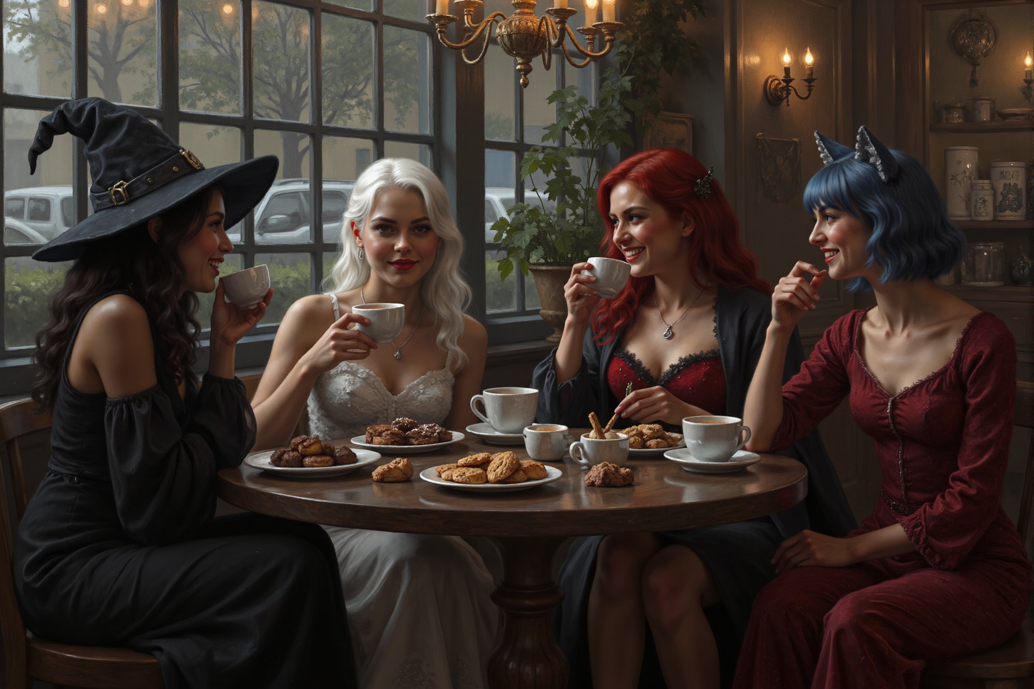 a beautiful young female witch with long curly black hair, pointy witch cap, witch outfit, beautiful young ghostly woman with white hair, the whitest pale skin, white dress, beautiful female vampire with vivid red hair, big red lips wearing a red victorian inspired velvet dress, and beautiful cat woman, with cat ears and short blunt cut blue hair with bangs wearing a skin tight leather body suit are sitting in a halloween inspired decorated coffee shop drinking coffee, tea and having a variety of halloween decorated cookies, with each other smiling, laughing and talking. perfect anatomy, perfect hands, perfect faces.