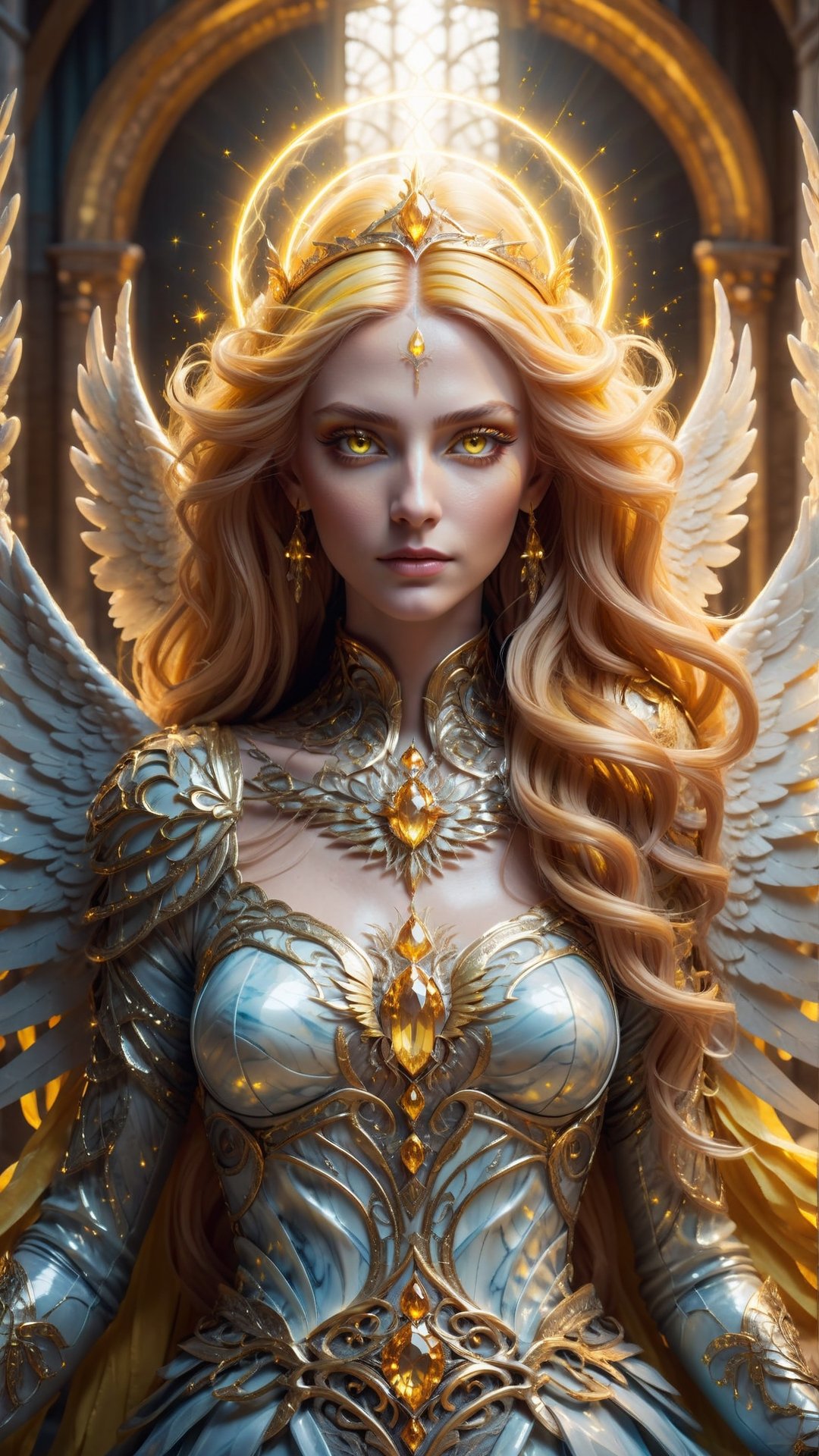 close up portrait of a beautiful queen of the angels glowing, magnificent, serene, vivid topaz yellow hair, large topaz yellow eyes, she is wearing an elaborate gown, detailed background of a heavenly castle of light marble, AngelicStyle,more detail XL, 