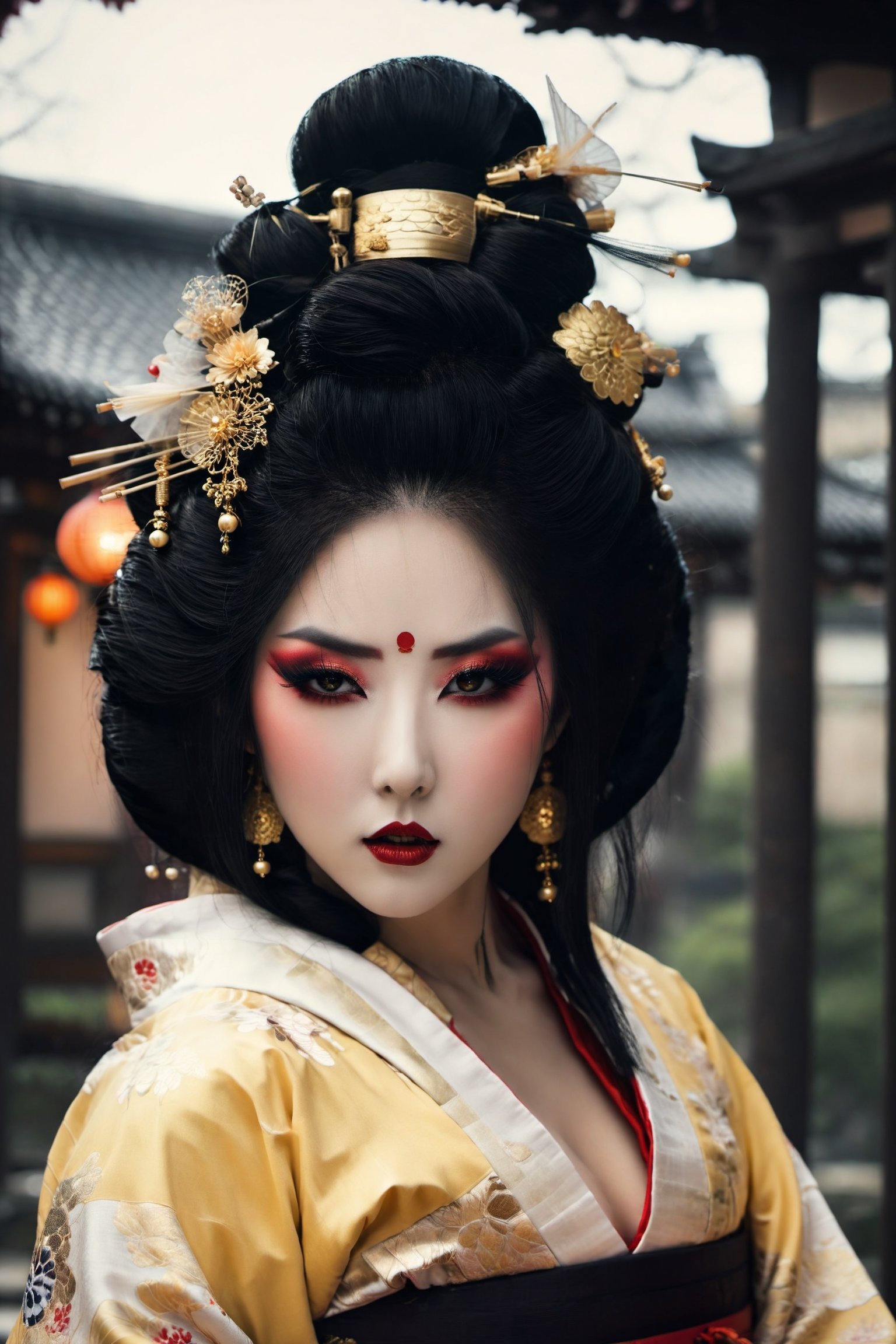 Highy detailed image, cinematic shot, (bright and intense:1.2), full body shot, dynamic pose, crisp, defined, HQ, detailed, HD, dynamic light & pose, motion, moody, intricate, 1girl, (((gothic geisha)) light yellow detailed eyes, elaborate intense geisha make-up, elaborate geisha hair with ornaments in hair, multiple piercings on ears, elaborate long dangle earrings, dark geisha outfit, geisha shoes, attractive, clear facial expression, perfect hands, emotional, hyperrealistic inspired by necronomicon art, fantasy horror art, photorealistic dark concept art, goth person, Extremely Realistic