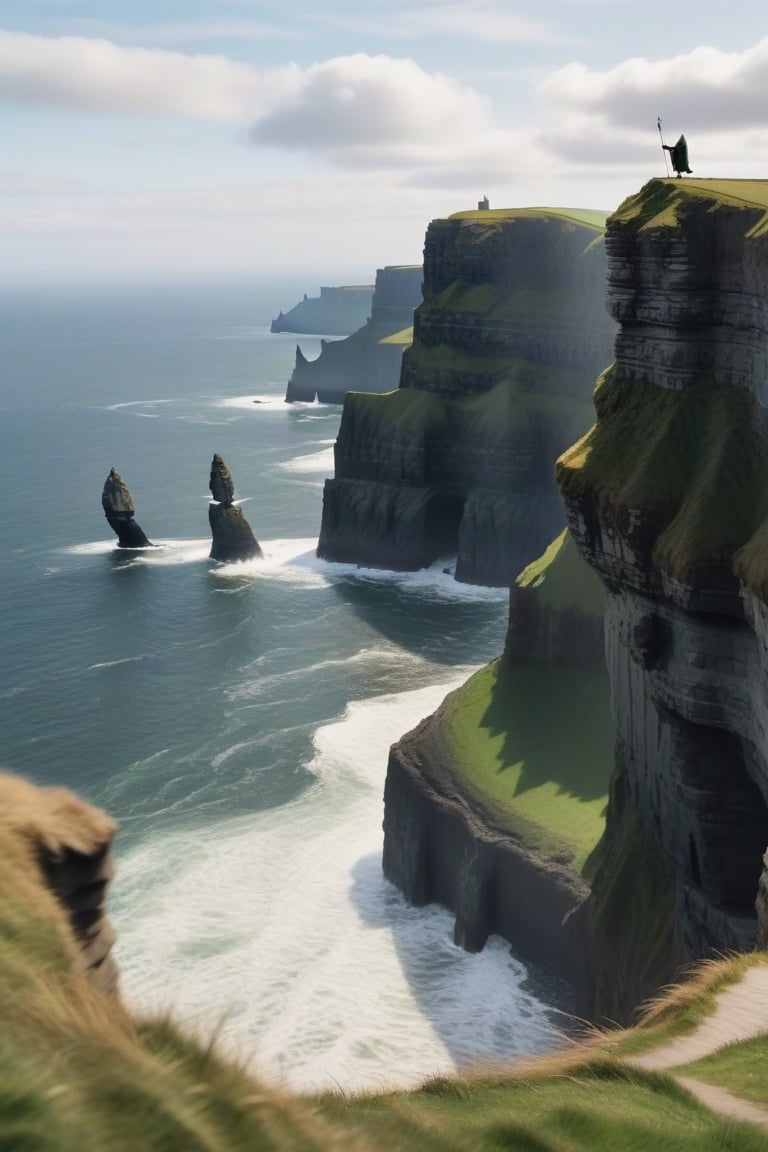 very detailed realistic scene of saint patrick running away on the cliffs of moher in ireland circa ad 500 carrying his staff in ireland taken from a distance hyperrealism