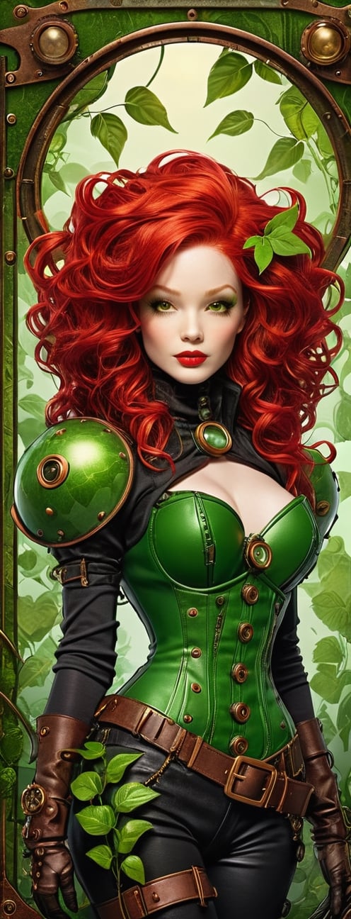 masterpiece, ultra k resolution, female poison ivy comics green skin vivid red hair wears steampunk, steampunk style, concept, full body, detailed steampunk background