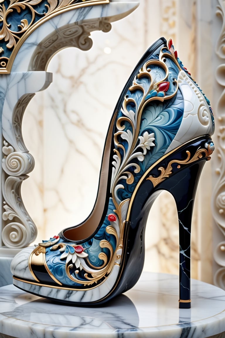 digital art, 8k, picture of a high heel woman's shoe, the shoe is carved out of marble, intricate pattern, whimsical, side view of shoe beautiful, highly detailed, whimsical, fantasy, ,more detail XL