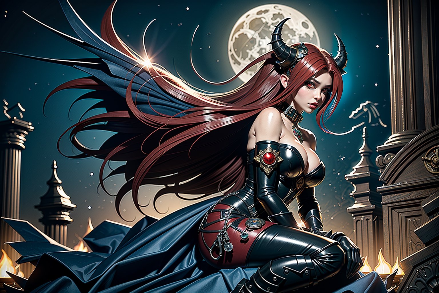 High definition vivid masterpiece, a beautiful vampire woman, elaborate spikey super long, messy red hair, blowing hair, red glowing big detailed eyes, large tattered devil wings, realistic, steampunk, night time, floating in the sky above a gothic castle, gravestones, full moon, starry sky, steampunk mechanical glowing full moon, light shafts, detailed background, boots, full body, Makeup,Masterpiece, full body,realistic