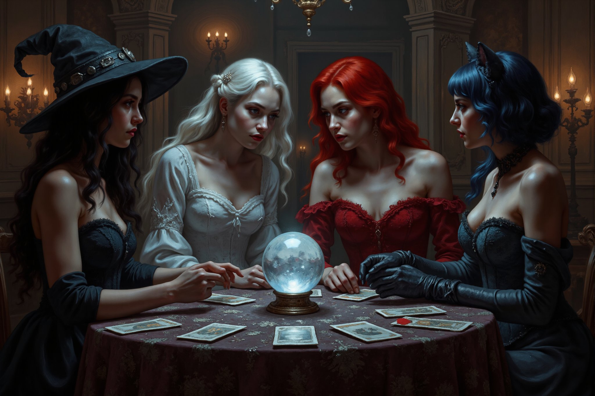 action shot, a beautiful young female witch with long curly black hair, pointy witch cap, sexy witch outfit, beautiful young ghostly woman with white hair, the whitest pale skin, white dress, beautiful female vampire with vivid big long red hair, big red lips wearing a red victorian inspired velvet corsett dress, and beautiful cat woman, with cat ears and short blunt cut blue hair with bangs wearing a skin tight dark blue leather bodysuit they are at a fortune teller getting their fortunes. crystal ball, tarot cards, magic, perfect anatomy, perfect hands, perfect faces.