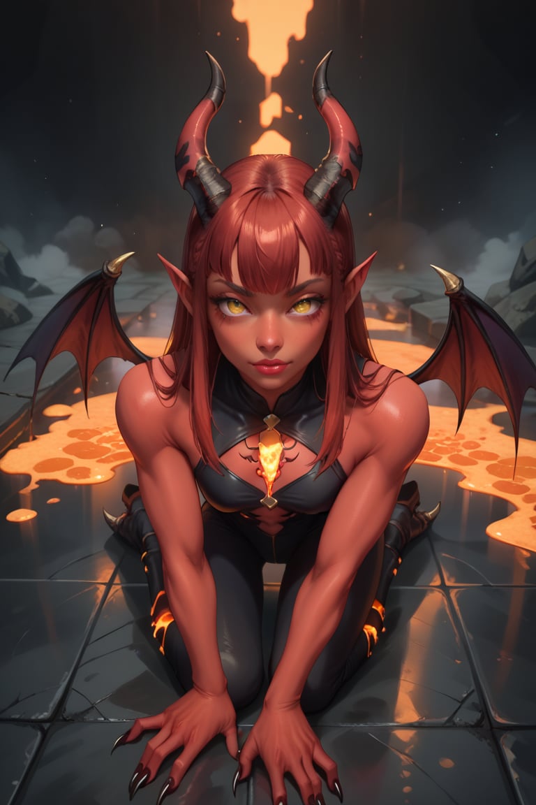 score_9, score_8_up, score_7_up, demon girl, looking at viewer, red skin, devil wings, dark background, (submerged in boiling lava), floor, long white red colored hair, fringe, bangs, big black shiny eyes, through floor, (glowing eyes:0.4), fog, steam rising, ((hand on floor, hot thick glowing lava, head tilt)), leaning, skinny, (glaring:0.5), naughty faces, mischevious wicked smiles, horns, long sharp claws, jewelry, chromatic aberration, 