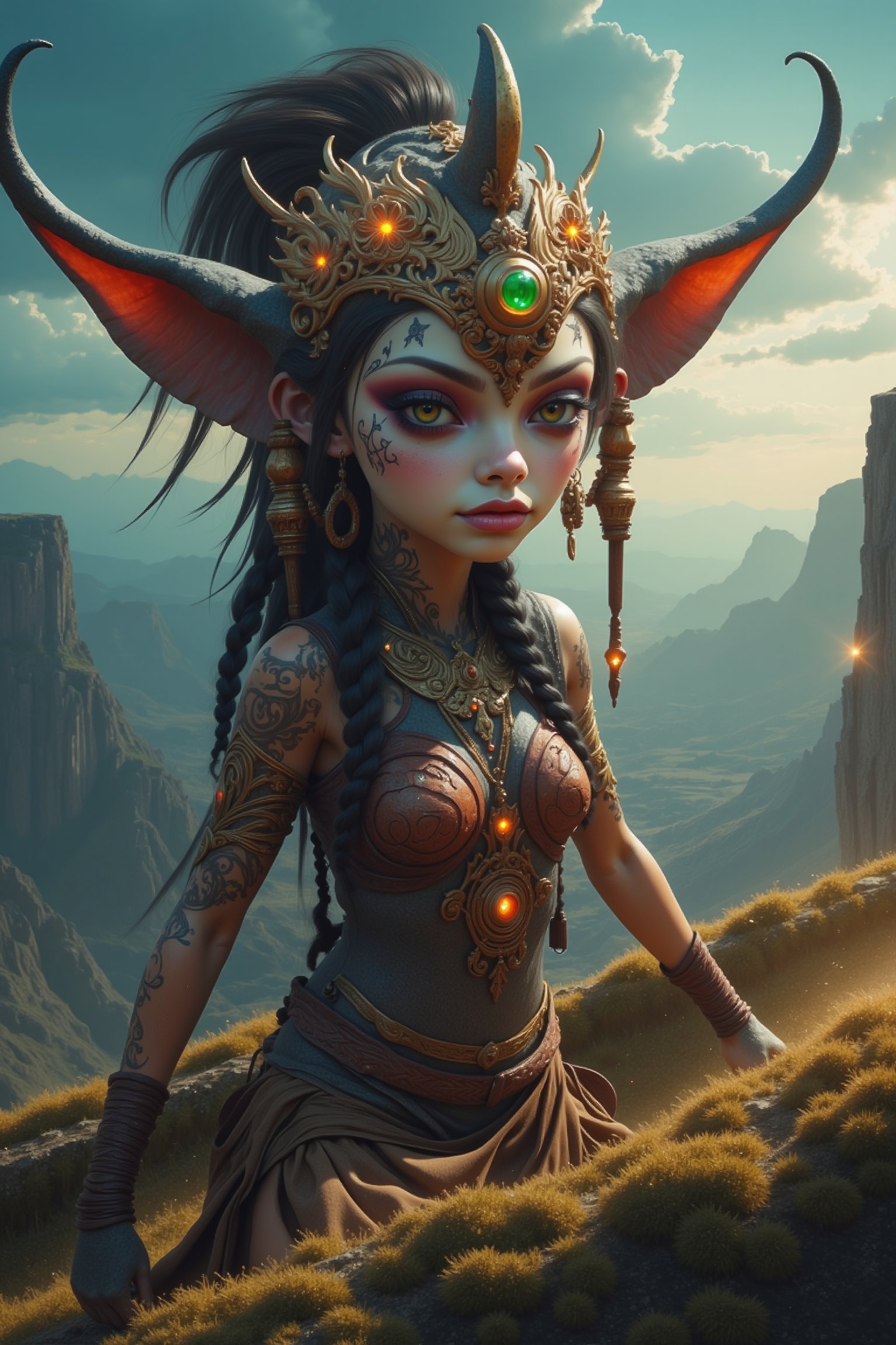 Create a beautiful alien female gypsy with an ornate landscape