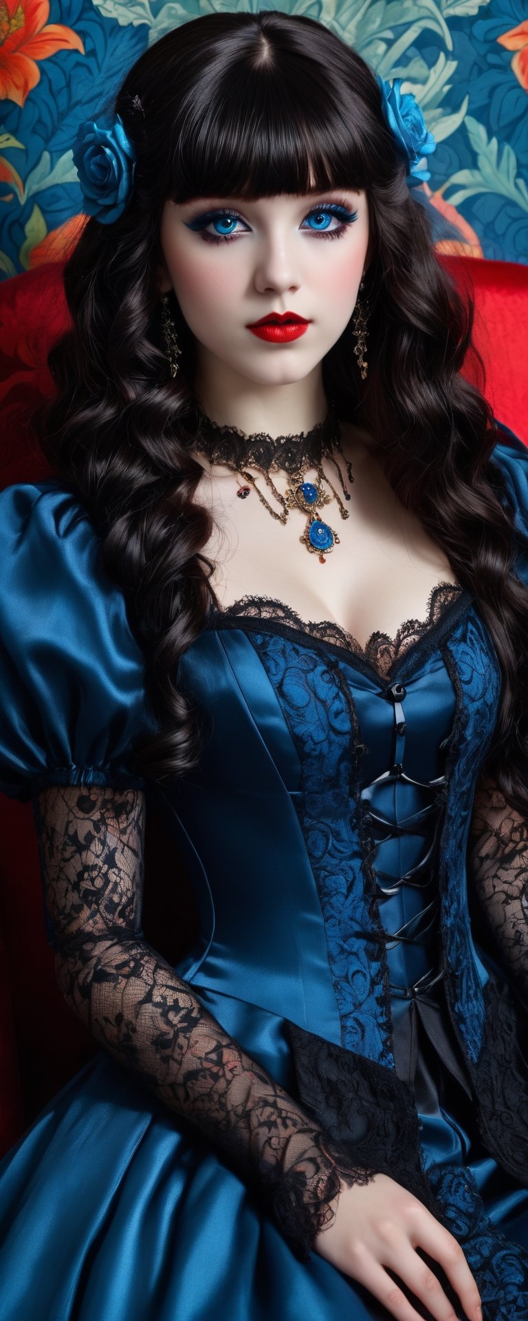 (best quality, masterpiece, ultra detailed, 8K, RAW photo), absurdres, a beautiful 17 year old vampire girl with vivid blue shiny long thick full curly hair with blunt bangs black roses in hair, ornate silk outfit embrodiered with intricate patterns, big light blue hyper realistic eyes, perfect light skin, gothic eye make up, parted greasy full red lips, mischevious smile,intricate jewelry,necklace,earrings, tall lace boots, intricate william morris wallpaper background,  background,vibrant color, full body,