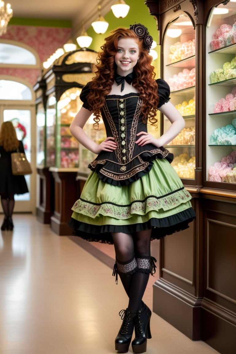 full body shot, beautiful happy young 17-year old girl model with auburn red long hair with big curls, and hair framing her face, she has light green eyes, perfect pale skin and cute smile on her face. the girl is wearing a high fashion elaborate steampunk style Lolita Dress, high heel strappy shoes, intricate goth patterns and design, cute intricate stockings, frilly, elaborate embroidery, lace, bows, buttons, high heeled boots. the girl has perfect manicured hands. the girl is shopping in an elaborate detailed  candy and confection shop filled by many different types of candies and confections like lolipops, cotton candy, chocolates, full body shot 