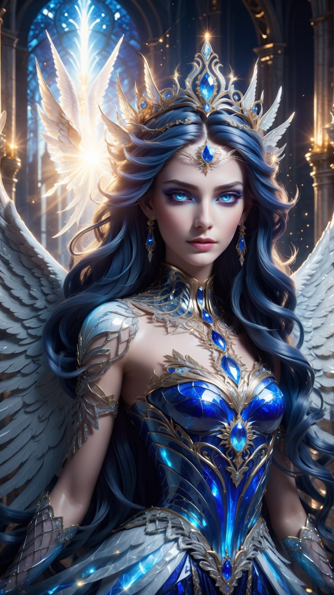 close up portrait of a beautiful queen of the angels glowing, magnificent, serene, vivid sapphire hair, large sapphire eyes, she is wearing an elaborate gown, detailed background of a heavenly castle of light marble, AngelicStyle,more detail XL, 