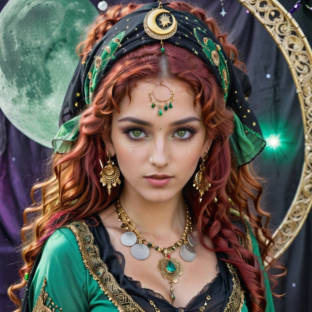 beautiful, intelligent, stunning Gypsy woman, 20 years old, long vivid red curly hair, expressive light green detailed eyes, bind on the forehead, green, gold and black elaborate gypsy clothes embellished with moon, astrological and stars charms. headscarf with coins, elaborate gypsy long earrings, necklaces, etc. gothic make-up.