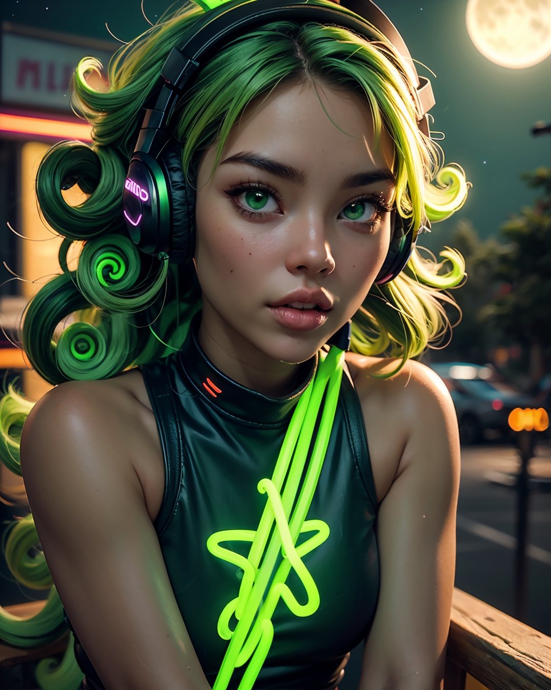 full body, sitting in chair, zoomed out, symmetrical face, perfect realistic green eyes, (female hair made of fine multicolored neon, green curls:1.5), (long thin hair made of multicolored neon strands, wearing headphones, serene expression, enjoying music, realism, ultra high resolution, 8k, HDr, art, high detail, , art, detailed background night sky, full moon, starry sky, zoomed out