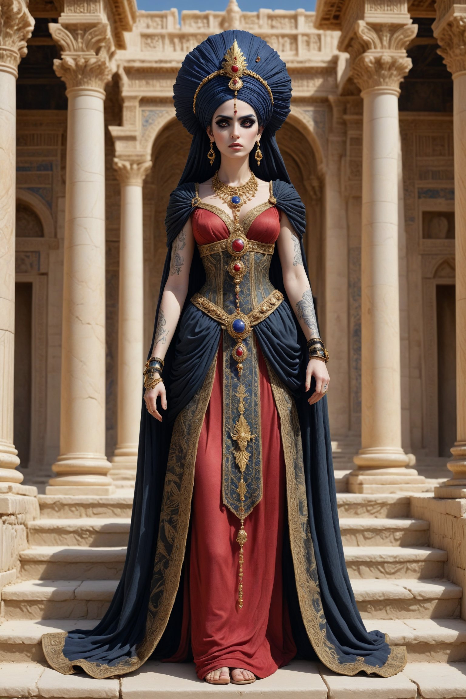 Cinematic scene - long shot, full body shot of Septimia Zenobia, a beautiful syrian queen in palmyra Syria in the third century c.e in a fusion of elaborate rococo, persian middle eastern parthian style and Greco-Roman and gothic punk. she has jet black hair. she has round large big eyes, she wears an elaborate middle eastern parthian style and Greco-Roman inspired royal gown in rich vibrant colors of red, gold, and black. she wears a turban, head ornament, crown and long shawl. gothic accessories and an ancient syrian queen's head dress. elaborate earrings, necklaces and wrist cuffs made out of gold, lapis lazuli, amethyst. roman sandals on her feet. she walks down the steps in front of a luxurious temple, detailed background of a temple with painted columns, tall palm trees, statues, in the desert in the 3rd century a.d. perfect female anatomy, goth person, pastel goth, dal, Gaelic Pattern Style, full body shot, Cinematic scene - long shot