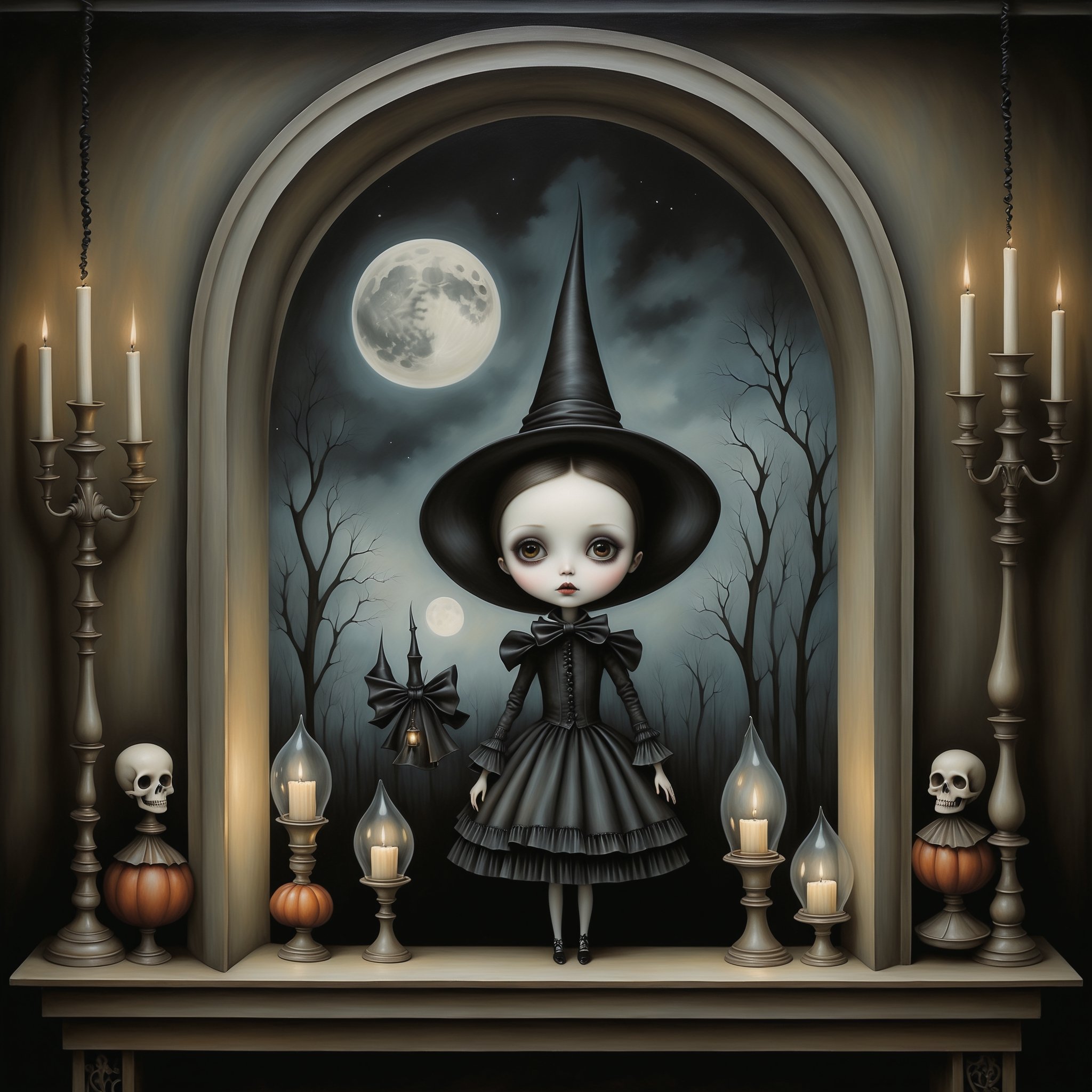 Cinematic scene - long shot, a gothic small girl wearing elaborate gothic lolita dress, gloves, in her gothic room casting spells, in the style Nicoletta Ceccoli, Mark Ryden and Esao Andrews. minimalist style. a detailed elaborate gothic bedroom. dark gothic william morris wallpaper, creepy paintings, dolls, ancient leather spellbooks, candelabra, skulls, witch brooms, ghosts. midnight. dark outside. full moon visible through large window. in the style of esao andrews, Nicoletta Ceccoli, REALISTIC