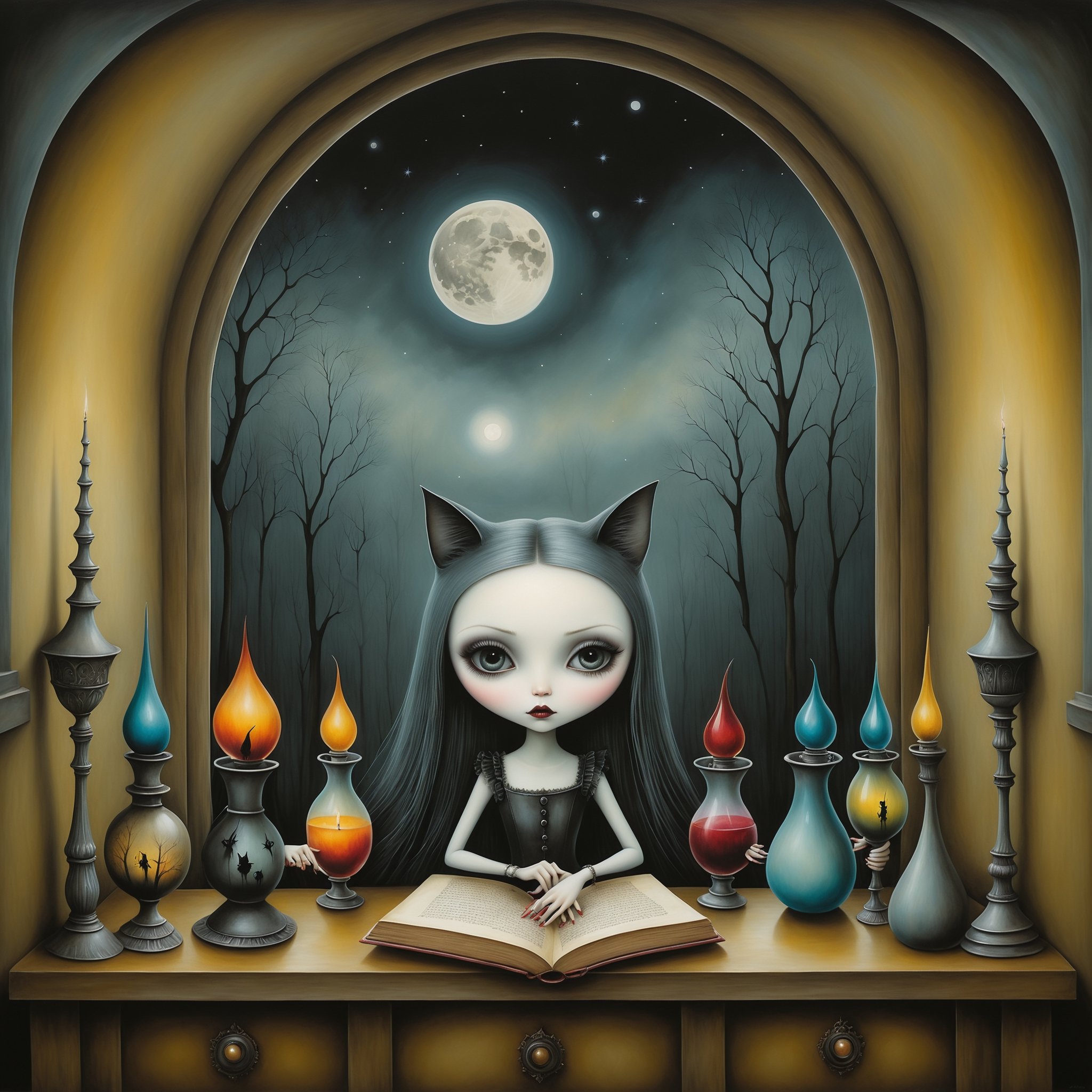 Cinematic shot, long shot, a gothic small girl in her gothic room casting spells, in the style Nicoletta Ceccoli, Mark Ryden and Esao Andrews. minimalist style. a detailed elaborate gothic bedroom with gothic repeating pattern wallpaper,  creepy cat, monster ghost paintings, dolls, colorful potion bottles, magic circle on floor, ancient leather spellbooks, candelabra, skulls, witch brooms, healing crystals. creepy cat. night time. dark outside. full moon visible through large window. (((perfect female hands))) (((perfect fingers))) (((manicured painted long fingernails))), in the style of esao andrews, Nicoletta Ceccoli, REALISTIC