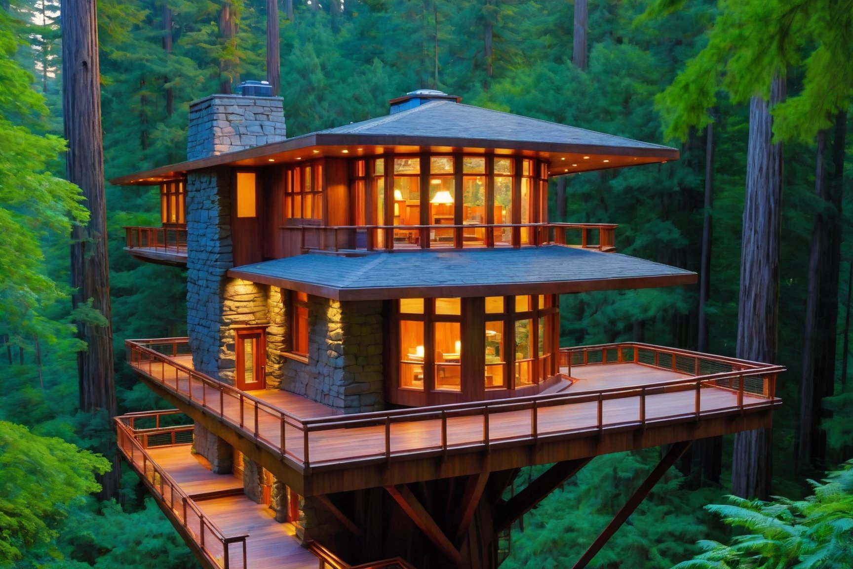 long shot ((masterpiece)), (((best quality))), ((ultra-detailed)), beautiful elaborate realistic ifrank lloyd wright  treehouse deep in a lush green redwood forest,  the tree house is spacious, gorgeous frank lloyd wright style architecture, rock slate foundation, there is a large wooden deck around the perimeter of the treehouse, shafts of light shine through the canopy, night time scene, full moon, lit torches outside ,aw0k euphoric style,aw0k euphoricred style, long shot from above looking down, frank lloyd wright 
