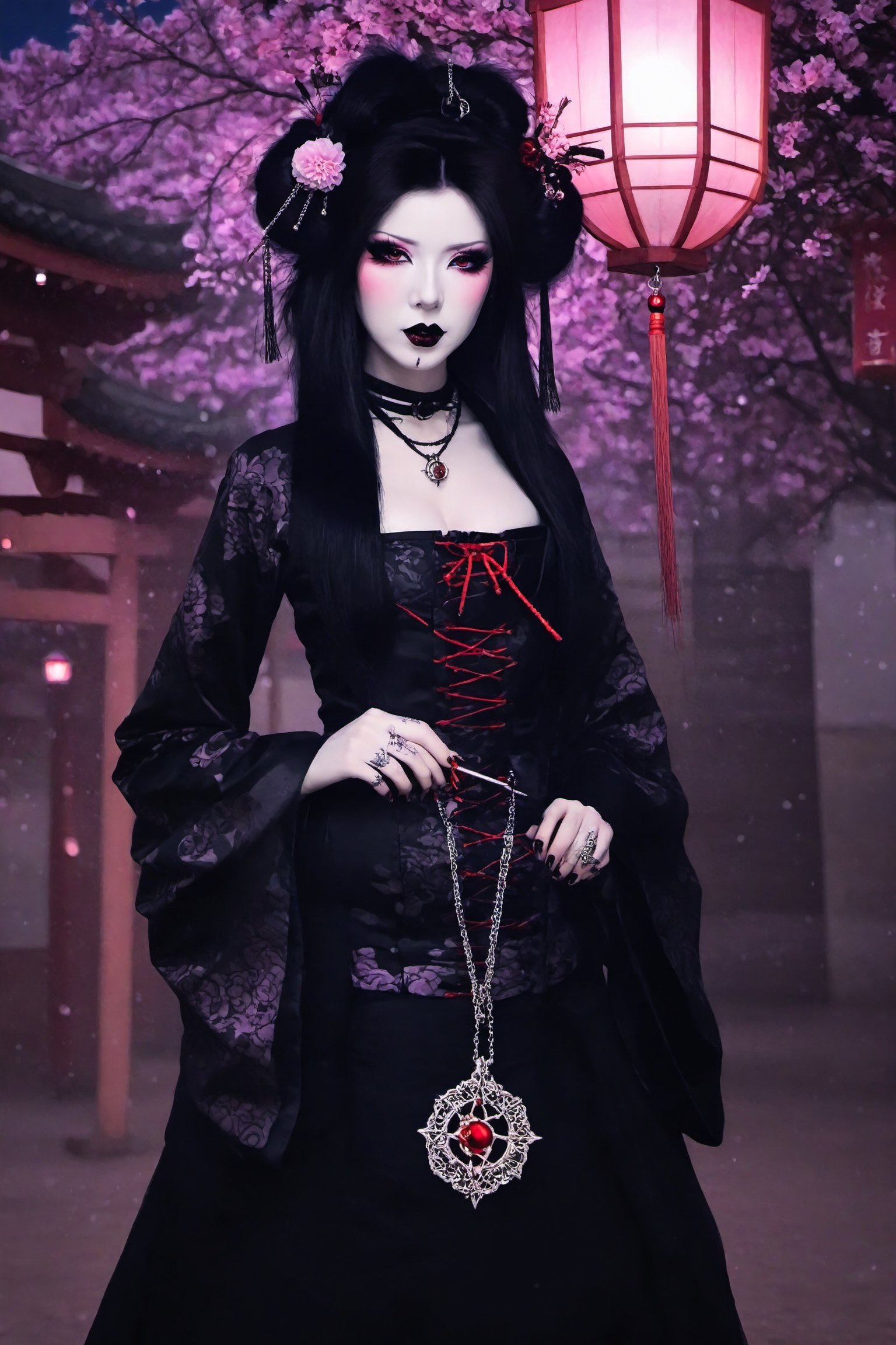 Highy detailed image, cinematic shot, (bright and intense:1.2), full body shot, dynamic pose, crisp, defined, HQ, detailed, HD, dynamic light & pose, motion, moody, intricate, 1girl, (((gothic geisha)) yellow iris detailed eyes, elaborate intense geisha make-up, black lipstick, dark gothic eye make-up, elaborate geisha hair  with gothic ornaments like pentagrams, black lace, chains, multiple piercings on ears, elaborate long dangle earrings, dark gothic geisha outfit, in black, lace, red, purple, colors, detailed background of japanese architecture at night full moon, attractive, clear facial expression, emotional, hyperrealistic inspired by necronomicon art, fantasy horror art, photorealistic dark concept art, goth person, Extremely Realistic,GothEmoGirl