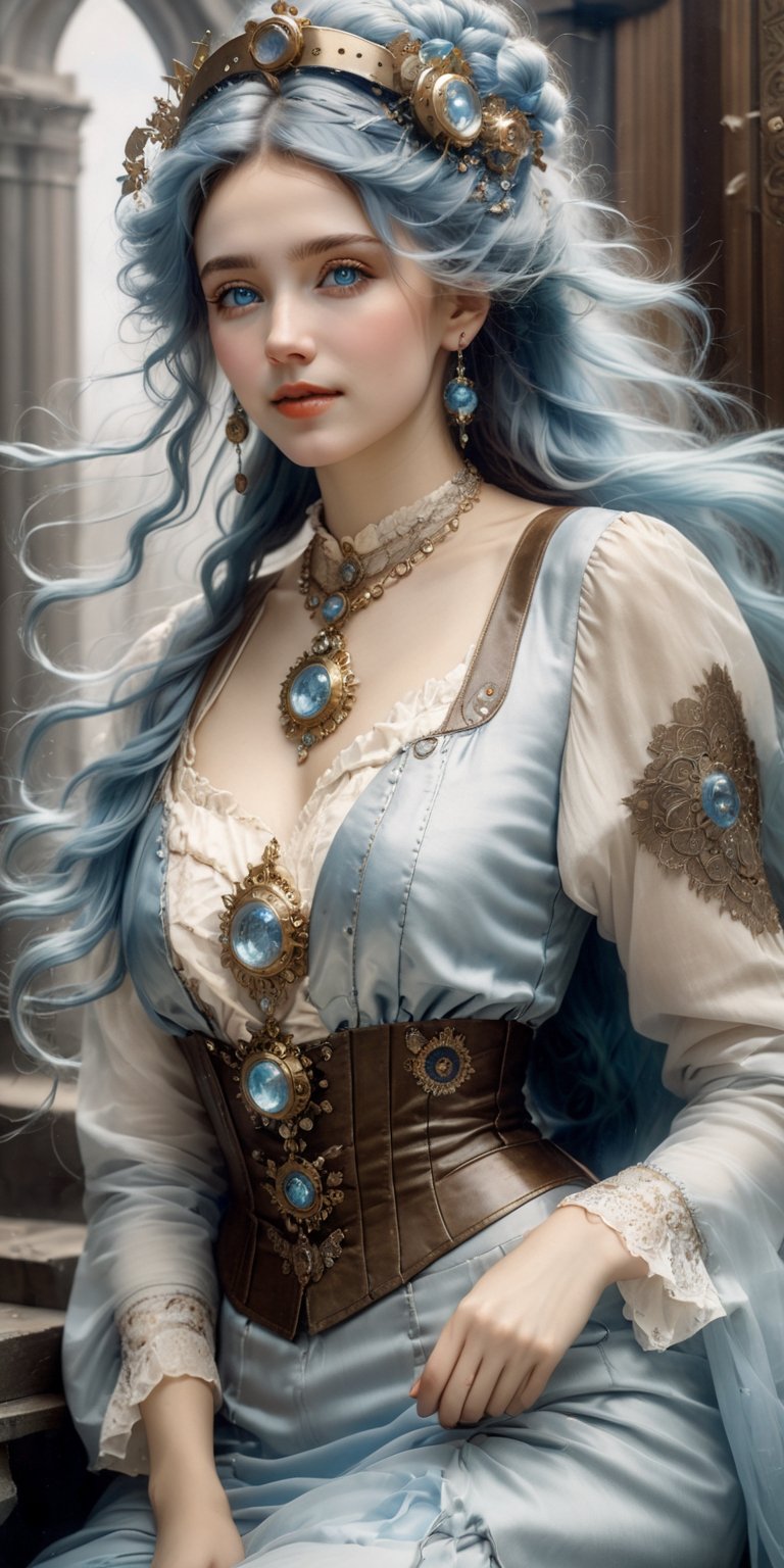 (8k 16k, RAW photo, best quality, master:1.2), (realistic, photo-realistic:1.37), ultra detailed, 1 nordic girl, solo, gorgeous and beautiful girl, light blue intricate hair, windy hair, blowing hair, messy hair, ice blue eyes, realistic, looking at viewer, happy, smile, masterpiece, realistic photography, by Alphonse Mucha, by Wlop, ), (Exaggerated Perspectives), f/ 2.8, (Surrealist Style), Visionary Art, (Trending on artstation) intricate steampunk outfit, intricate jewelry, necklace, large earrings, looking at viewer, happy, smile, masterpiece, realistic photography, by Alphonse Mucha, by Wlop, ), (Exaggerated Perspectives), f/ 2.8, (Surrealist Style), Visionary Art, (Trending on artstation) intricate outfit, intricate jewelry, necklace, large dangle earrings, 