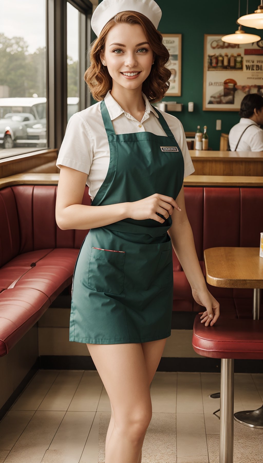 1950's era woman waitress, smiling, wearing an apron, waitress outfit and cap, accepting money from a customer near the cash register at a classic 1950's  american diner, casual pose, real, wearing high heels, high quality, curly auburn shoulder length hair, realistic green eyes, background of diner with customers eating at the booths, bright sunny day, sun shining through the windows,realistic