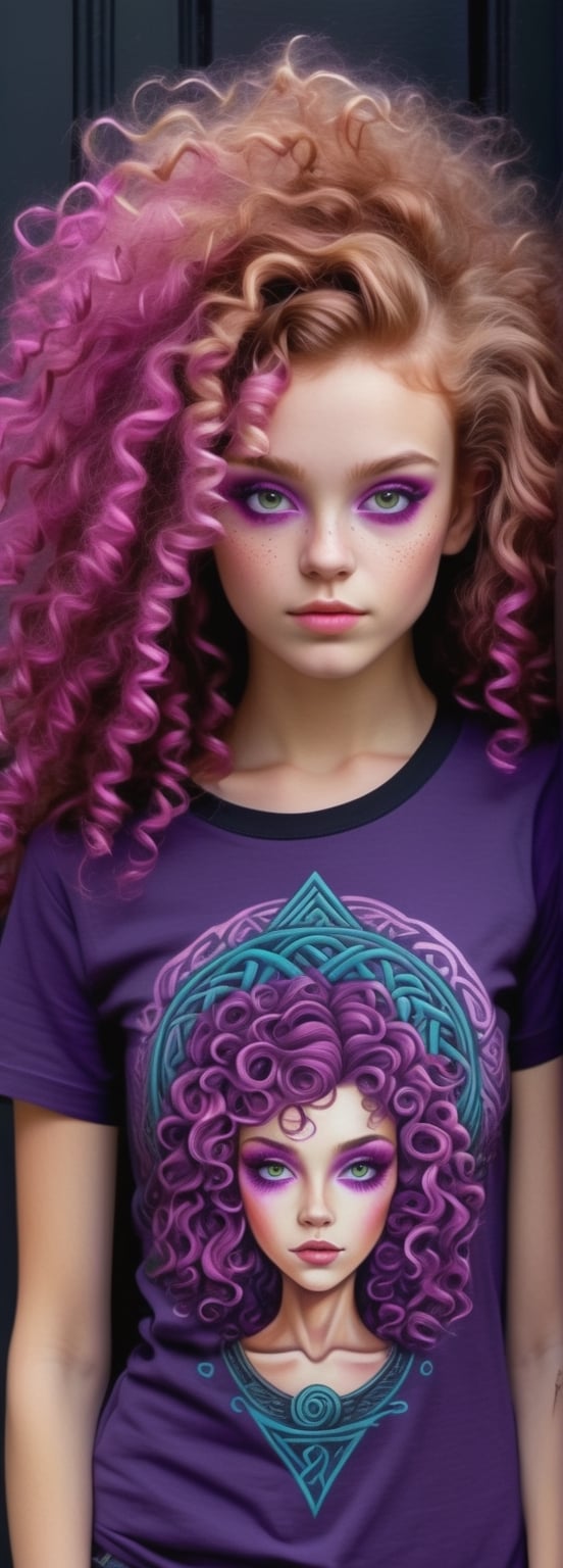 beautiful young woman, witchy, magical, celtic  patterns on a t-shirt,1 girl in a tight t-shirt  Embrace surrealism creating a unique t-shirt art piece. girl has pink voluminous curly mane hair, vivid violet purple eyes, bangs, closed mouth smile, intelligent eyes, sensual, full body, from a distance, 