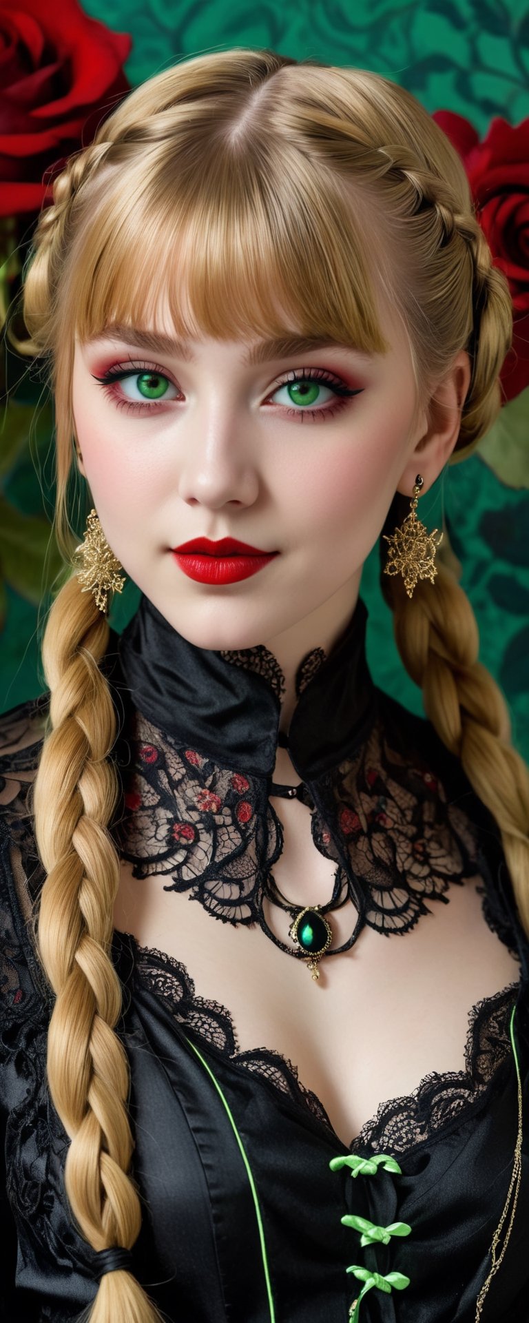 (best quality, masterpiece, ultra detailed, 8K, RAW photo), absurdres, a beautiful 17 year old vampire girl with vivid blond shiny braided hair with blunt bangs and braided hair buns, black roses in hair, ornate silk embrodiered with intricate patterns, big light green hyper realistic eyes, gothic eye make up, parted greasy full red lips, mischevious smile,intricate jewelry,necklace,earrings, tall lace boots, intricate william morris wallpaper background,  background,vibrant color, full body,