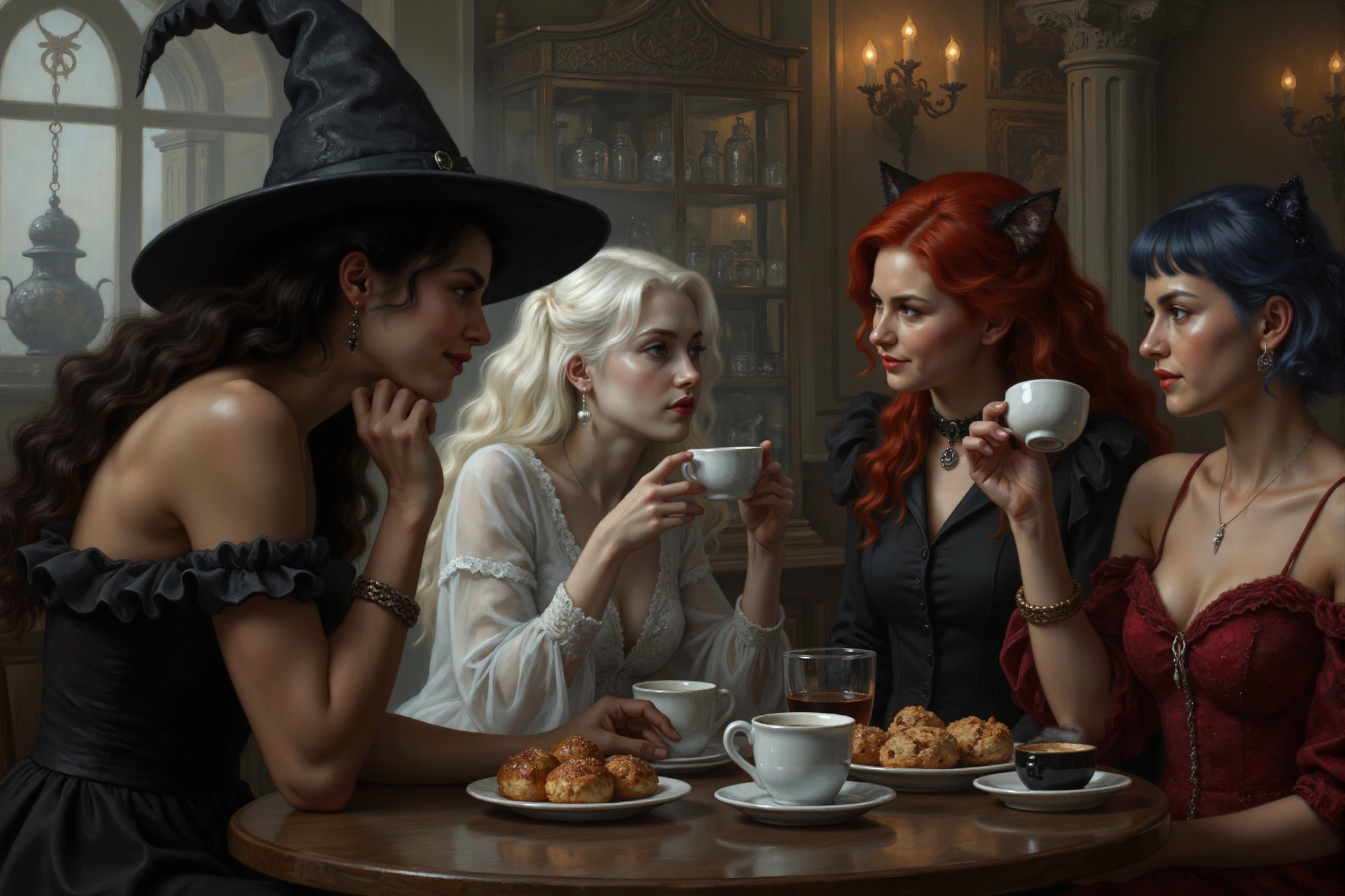 a beautiful young female witch with long curly black hair, pointy witch cap, witch outfit, beautiful young ghostly woman with white hair, the whitest pale skin, white dress, beautiful female vampire with vivid red hair, big red lips wearing a red victorian inspired velvet dress, and beautiful cat woman, with cat ears and short blunt cut blue hair with bangs wearing a skin tight leather body suit are sitting in a scary halloween inspired haunted coffee shop drinking coffee, tea and a variety of pastries with each other smiling, laughing and talking. perfect anatomy, perfect hands, perfect faces.