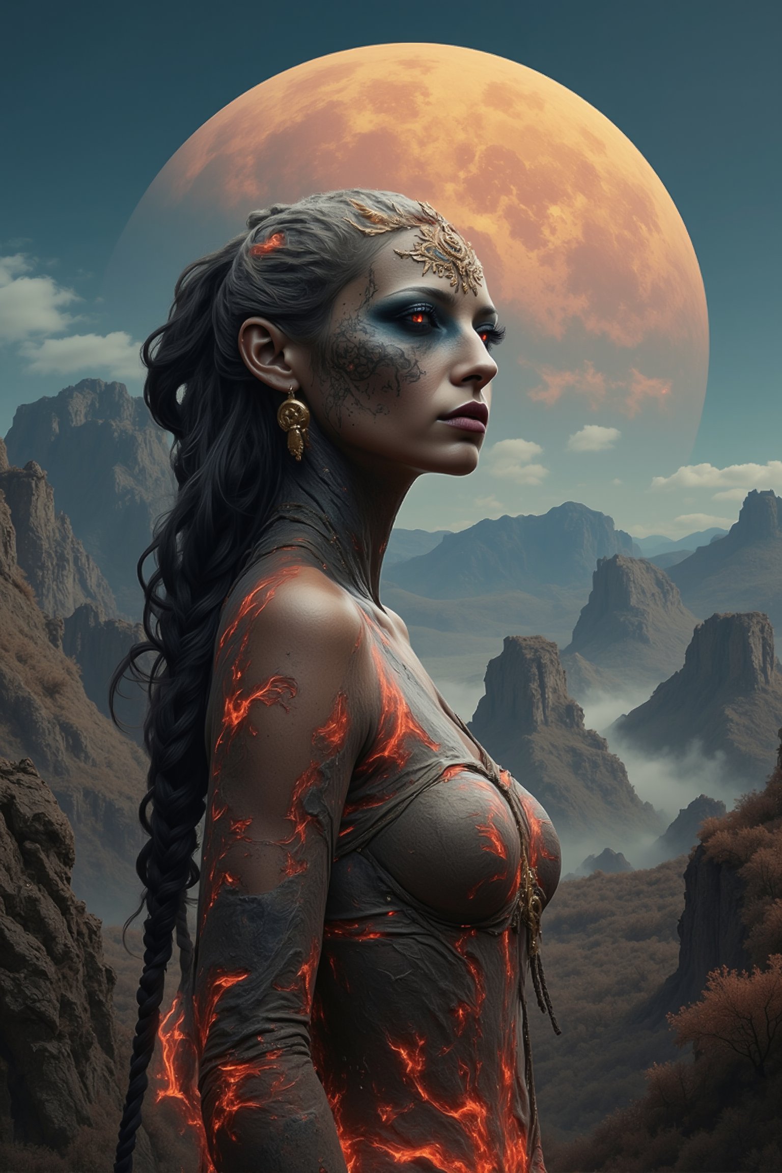 Create an alien female gypsy with an ornate landscape