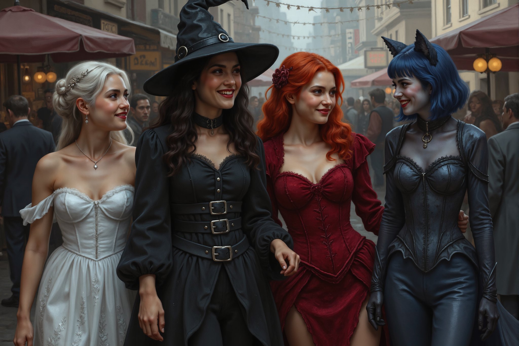 a beautiful young female witch with long curly black hair, pointy witch cap, witch outfit, beautiful young ghostly woman with white hair, the whitest pale skin, white dress, beautiful female vampire with vivid big long red hair, big red lips wearing a red victorian inspired velvet corsett dress, and beautiful cat woman, with cat ears and short blunt cut blue hair with bangs wearing a skin tight dark blue leather body suit are walking together at a halloween inspired carnival smiling, laughing and talking with each other. perfect anatomy, perfect hands, perfect faces.