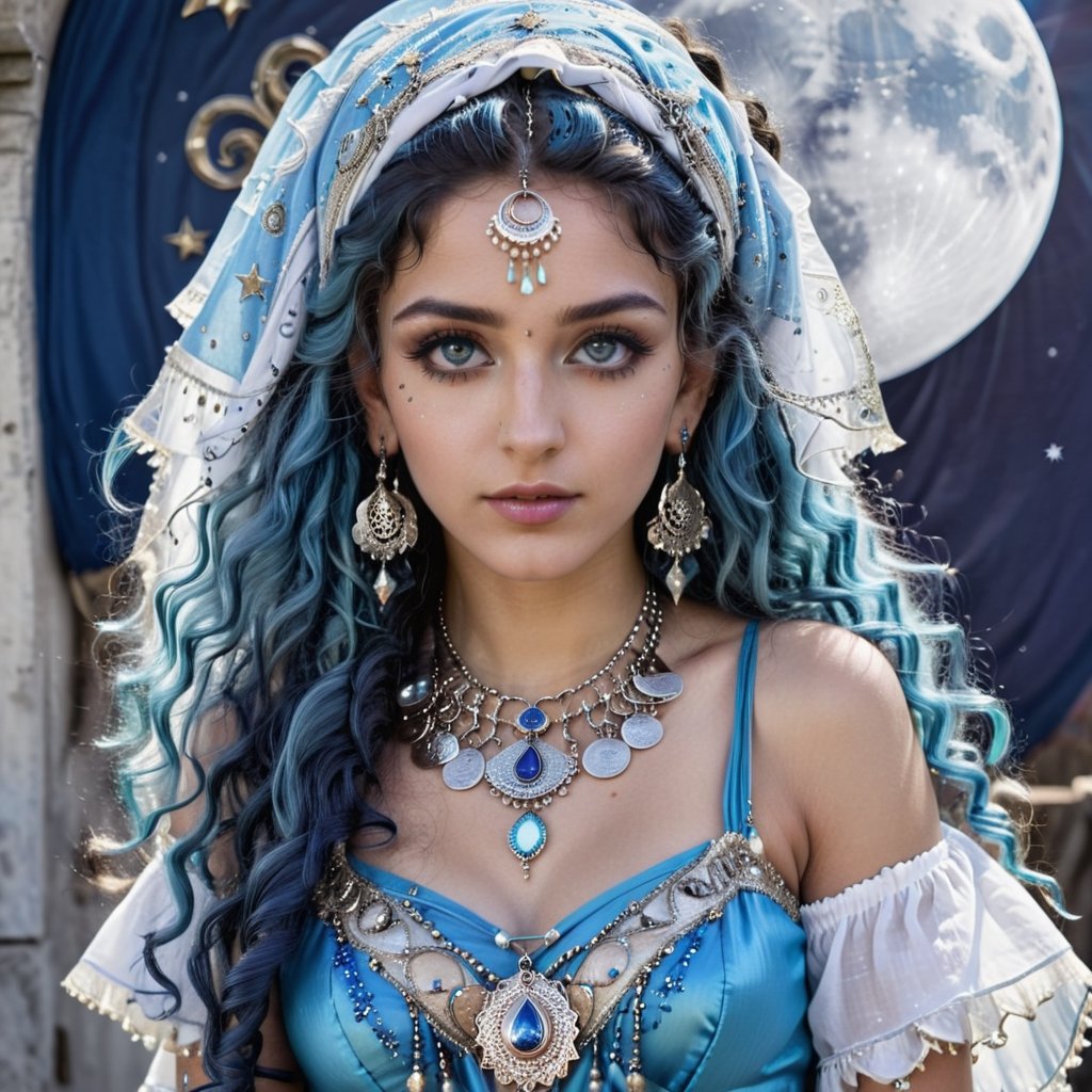 beautiful, intelligent, stunning Gypsy woman, 20 years old, long vivid blue curly hair, expressive light ice blue detailed eyes, bind on the forehead, blue, white and silver elaborate gypsy clothes embellished with moon, astrological and stars charms. headscarf with coins, elaborate gypsy long earrings, necklaces, etc. gothic make-up.