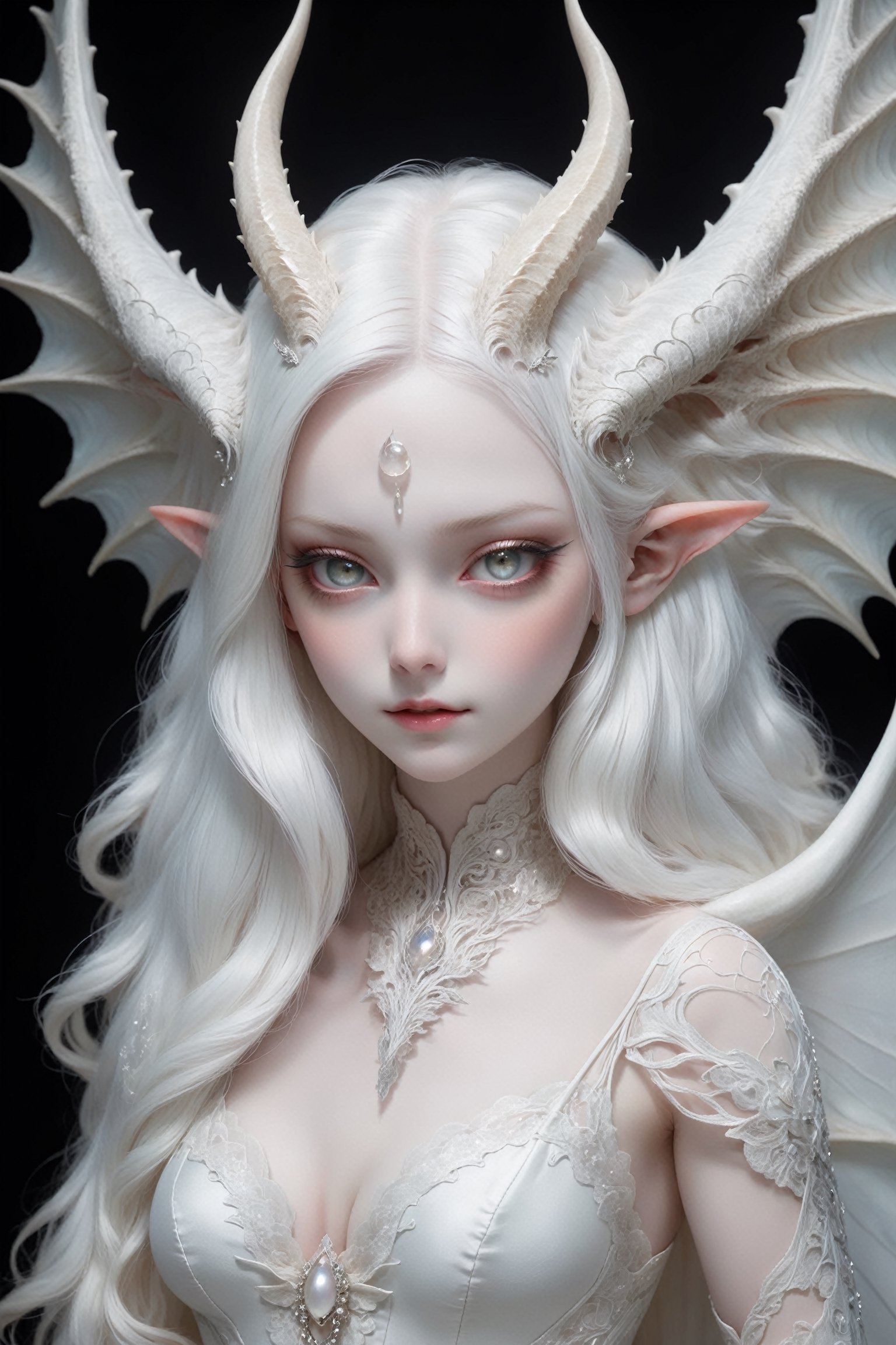 (full body),(long intricate horns:1.2), sensual albino demon girl with enchantingly beautiful, alabaster skin, thinking, thoughtful, A benevolent smile, girl has beautiful deep eyes, soft expression, Depth and Dimension in the Pupils, Her porcelain-like white skin reflects an almost celestial glow, highlighting her ethereal nature, Every detail of her divine lace costume is meticulously crafted, adorned with jewels that sparkle with a divine radiance, demon girl standing next to her fierce albino pet dragon, full body