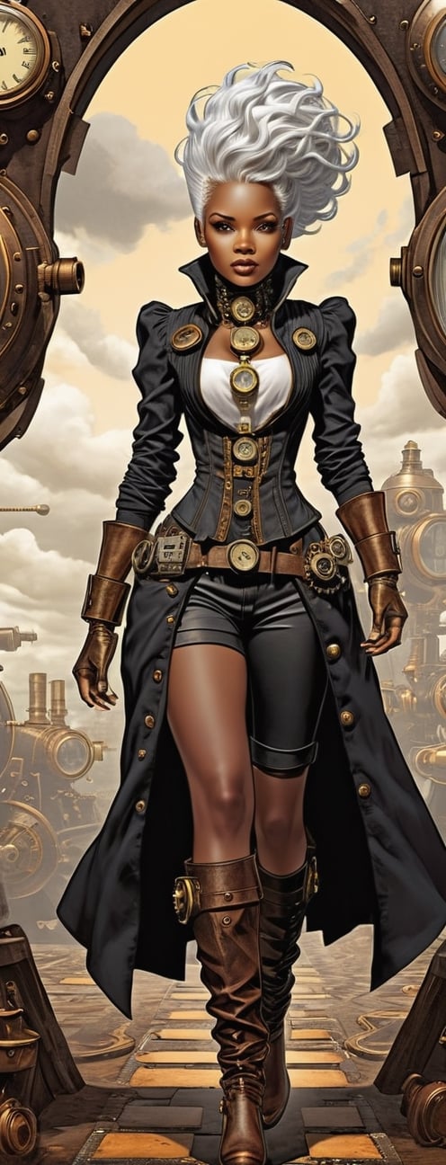 masterpiece, ultra k resolution, female Storm dark skin white hair comics wears steampunk, steampunk style, concept, full body, detailed steampunk background