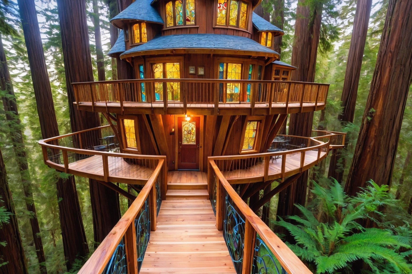 ((masterpiece)), (((best quality))), ((ultra-detailed)), beautiful elaborate exclusive well appointed treehouse deep in a redwood forest, rope bridges hang in between the house and trees in the forest, spacious tree house. the tree house is 3 stories high with a spiral staircase up toe the 2nd and 3rd floors. gorgeous art nouveau style architecture, art nouveay stained glass windows, open floor plan, there is a large wooden deck around the perimeter of the tree house, with richly appointed furniture, shafts of light illuminate, beautiful blue sky,,aw0k euphoric style,aw0k euphoricred style, long shot from above looking down
